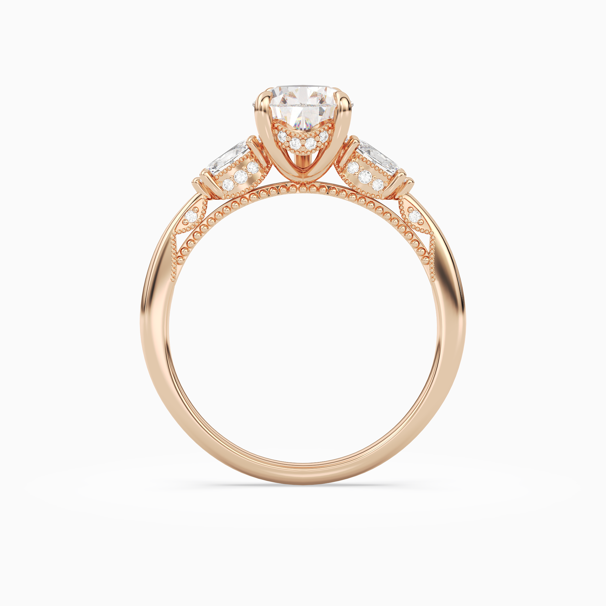 Pear Ornate Accented Three Stone in 14K Rose Gold side profile