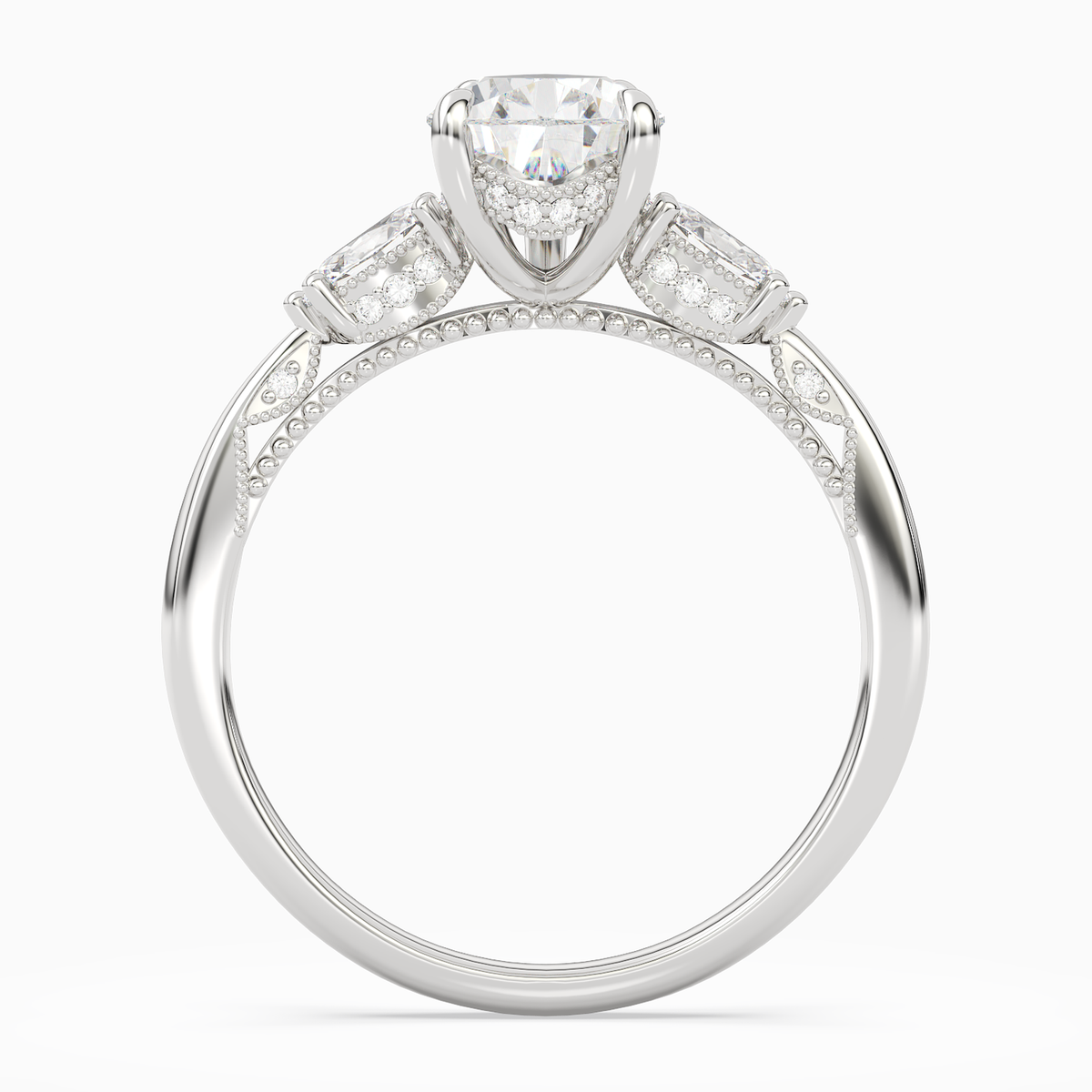 Pear Ornate Accented Three Stone in 14K White Gold side profile
