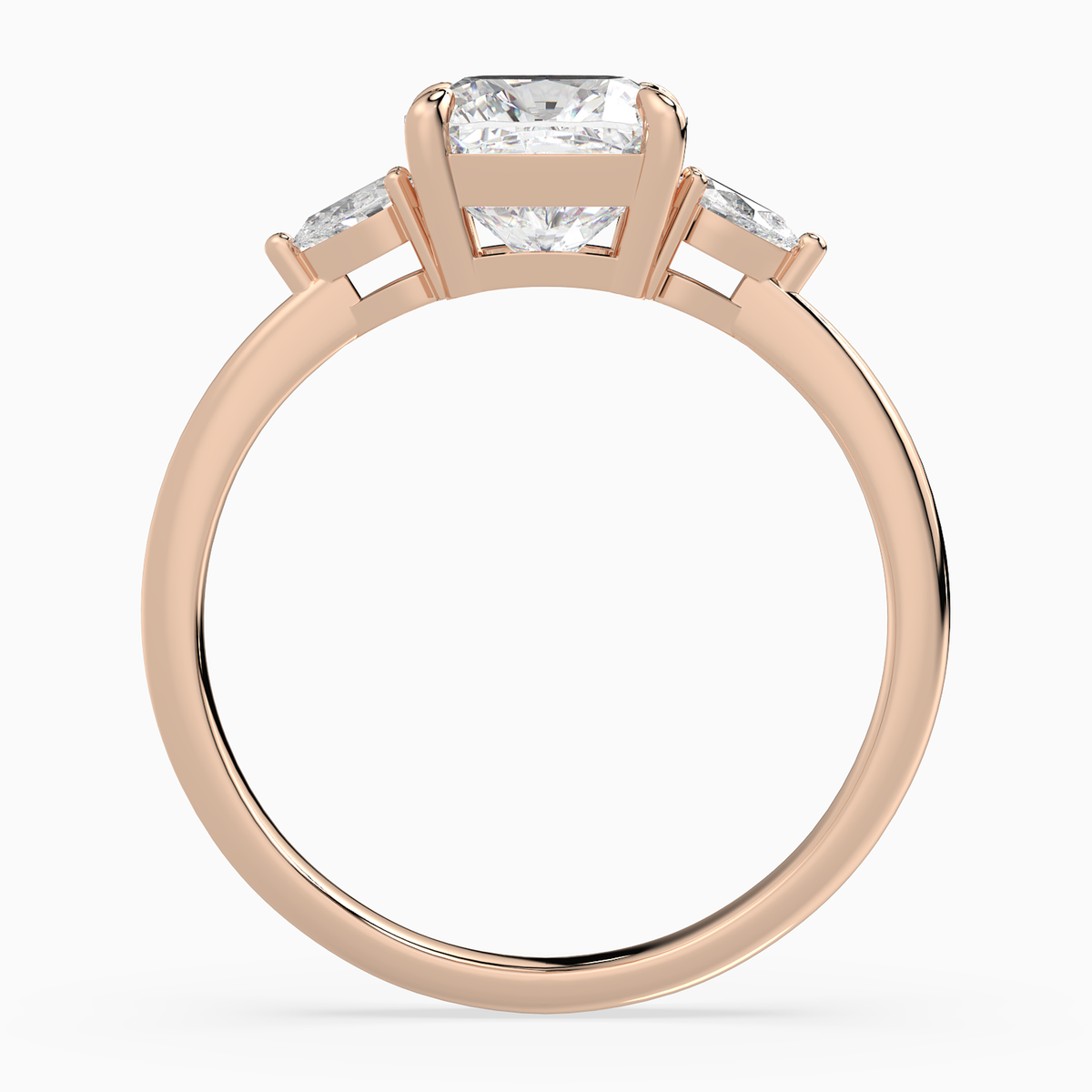 Cushion Pear Side Three Stone Classic in 14K Rose Gold side profile