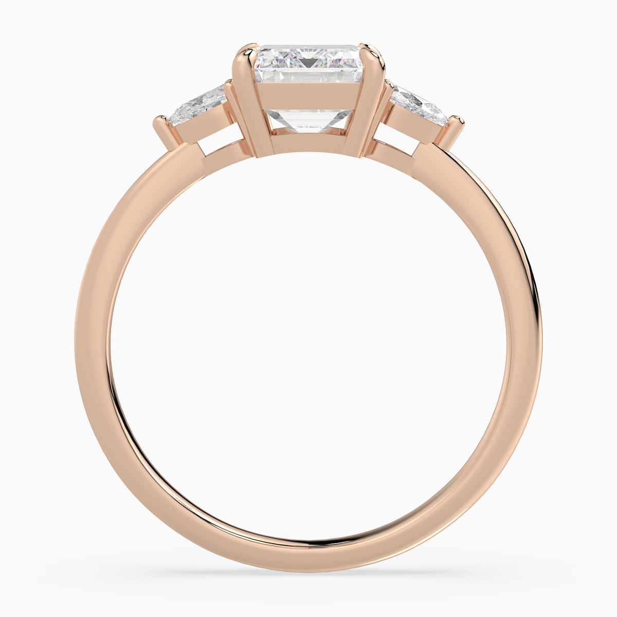 Emerald Pear Side Three Stone Classic in 14K Rose Gold side profile