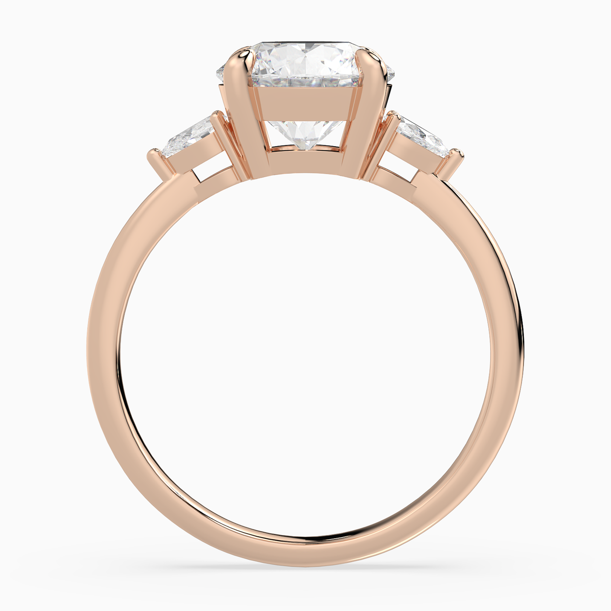 Round Pear Side Three Stone Classic in 14K Rose Gold side profile
