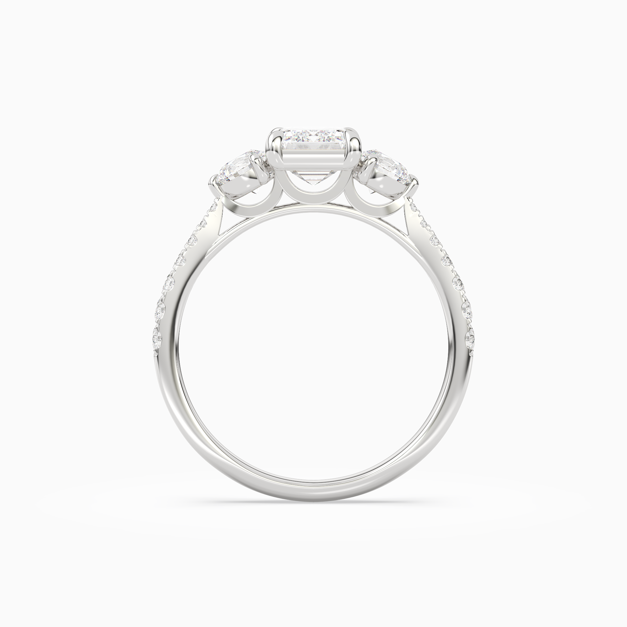 Emerald Round Side Three Stone Pavé in 14K White Gold side profile