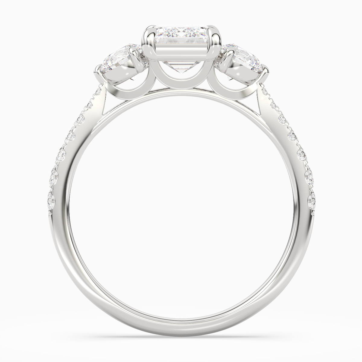 Emerald Round Side Three Stone Pavé in 14K White Gold side profile