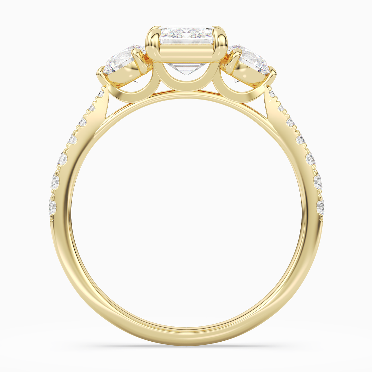 Emerald Round Side Three Stone Pavé in 18K Yellow Gold side profile
