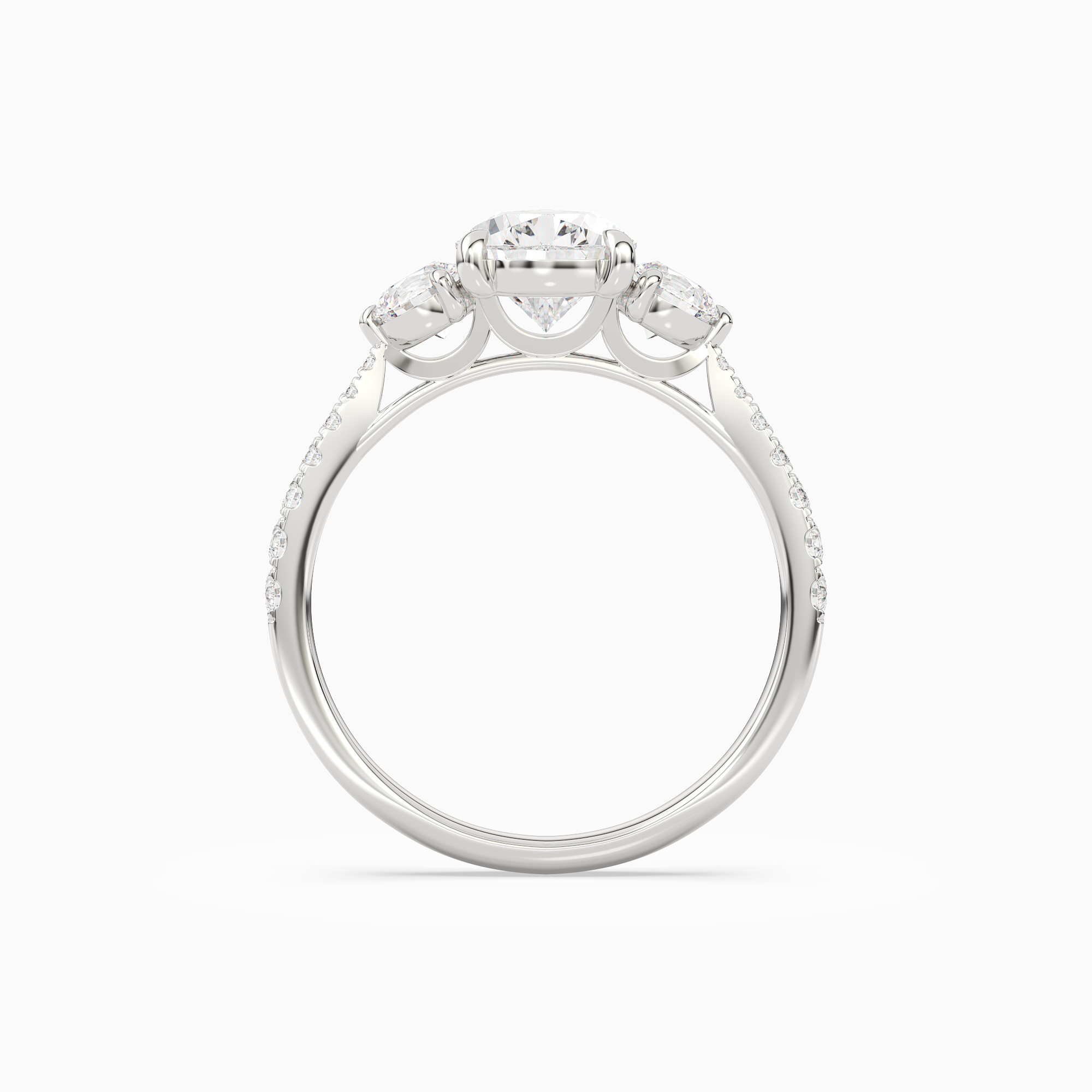 Pear Round Side Three Stone Pavé in 14K White Gold side profile