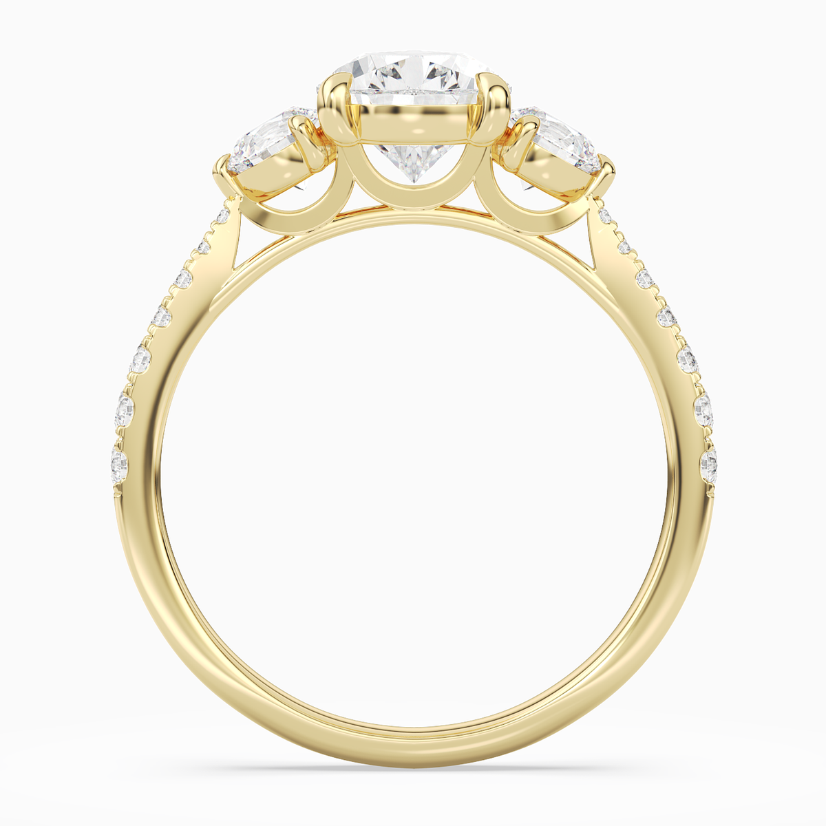 Pear Round Side Three Stone Pavé in 18K Yellow Gold side profile
