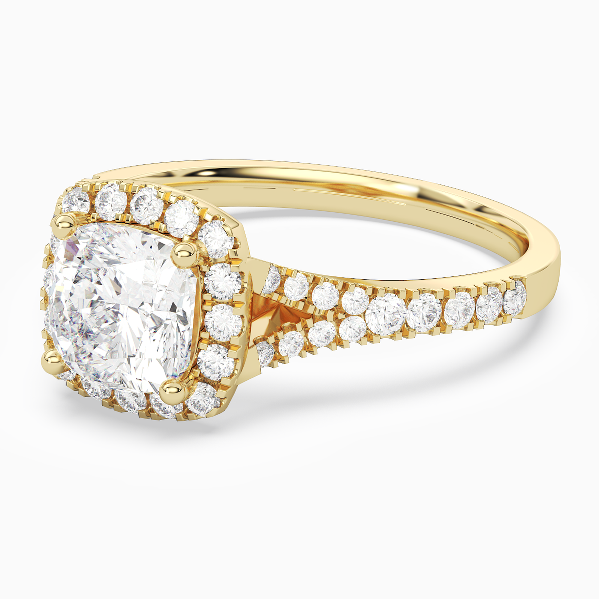Cushion Classic Halo Split Shank Ring in 14K Yellow Gold top angle