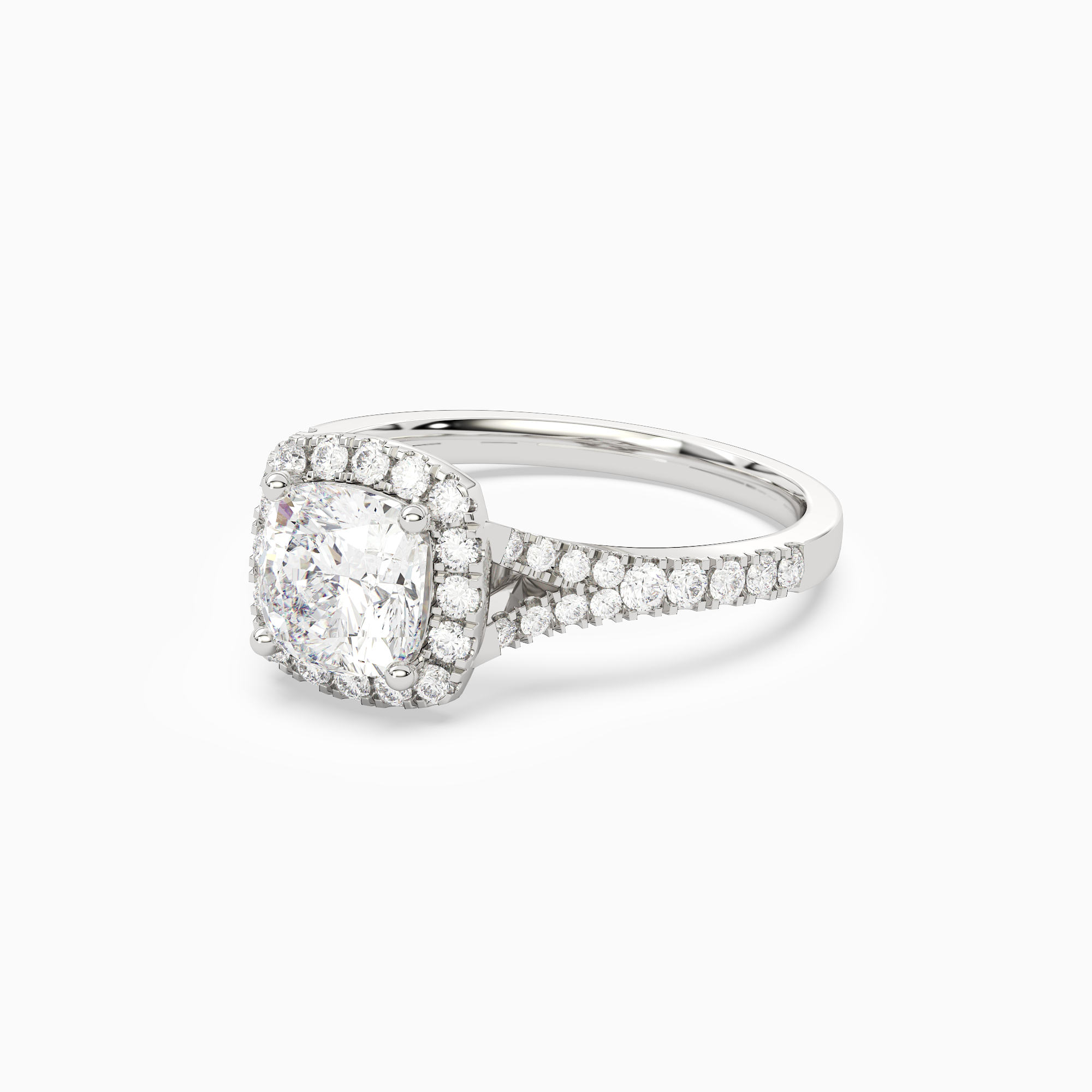 Cushion Classic Halo Split Shank Ring in 18K White Gold top angle