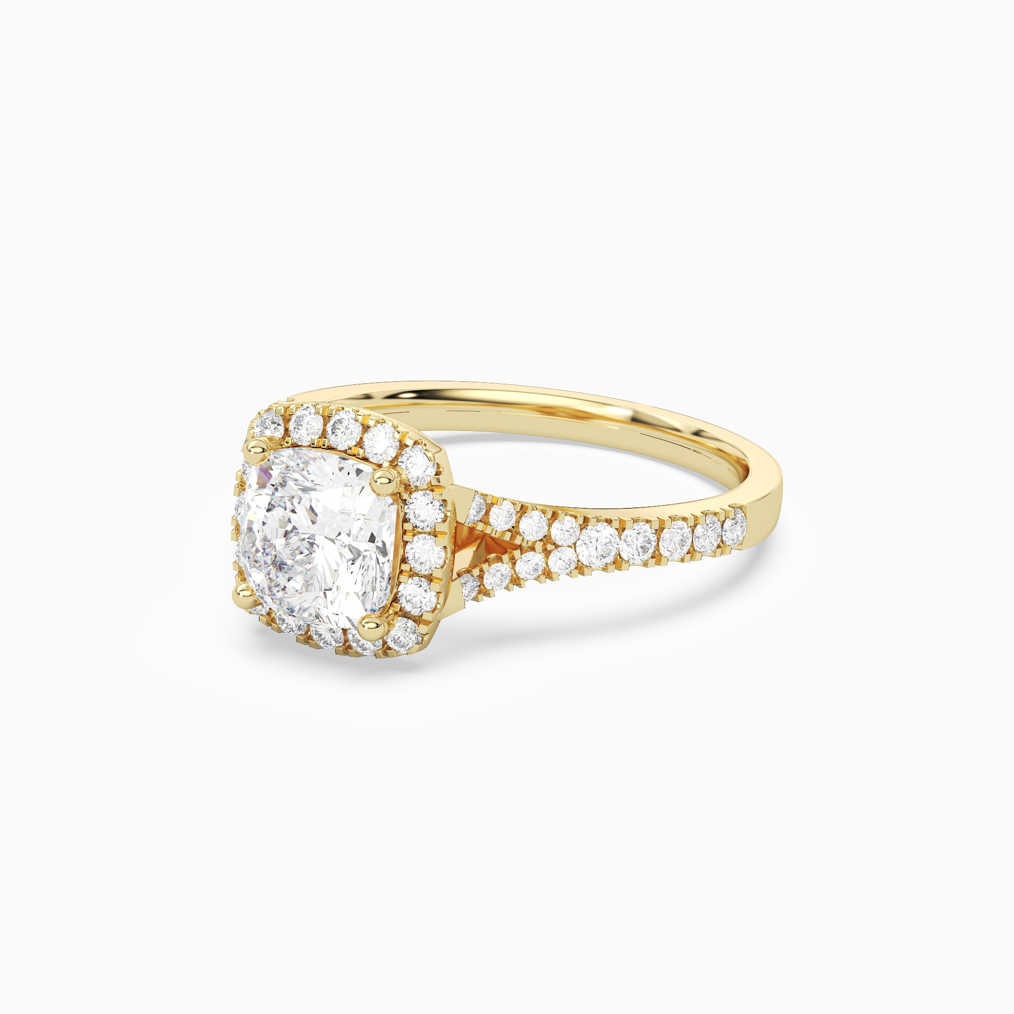 Cushion Classic Halo Split Shank Ring in 18K Yellow Gold top angle