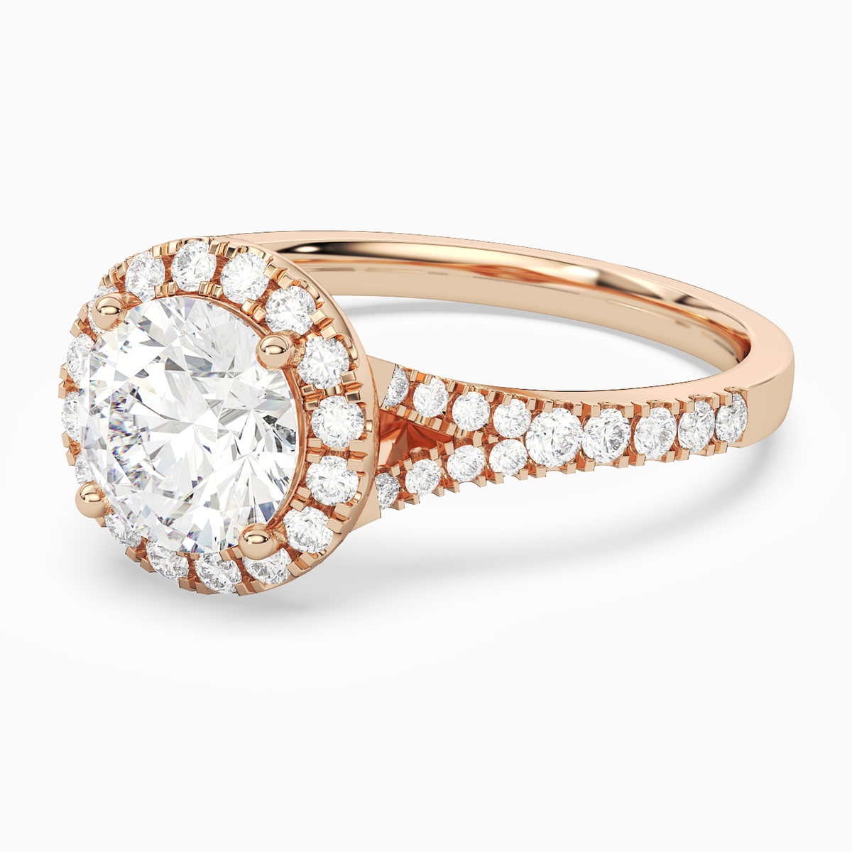 Round Classic Halo Split Shank Ring in 14K Rose Gold top angle