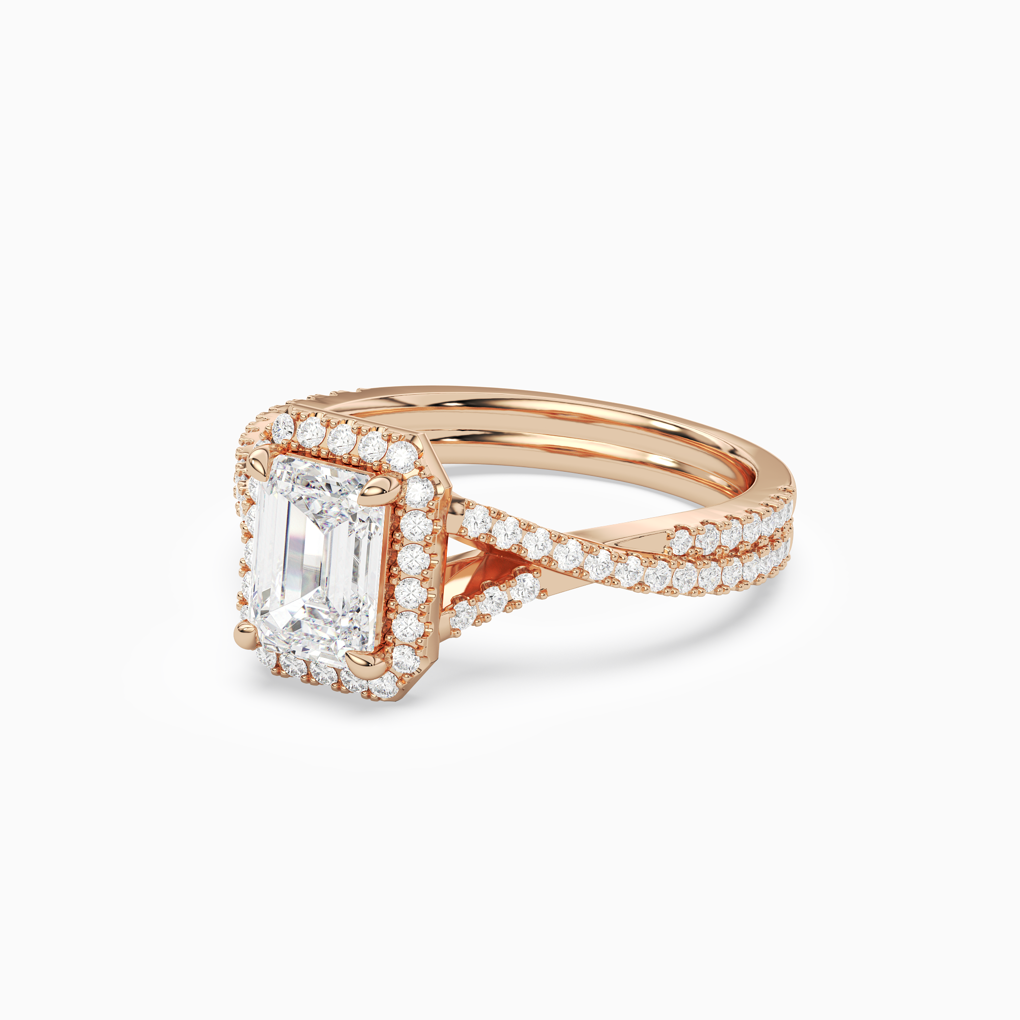 Emerald Twisted Shank Halo in 14K Rose Gold top angle