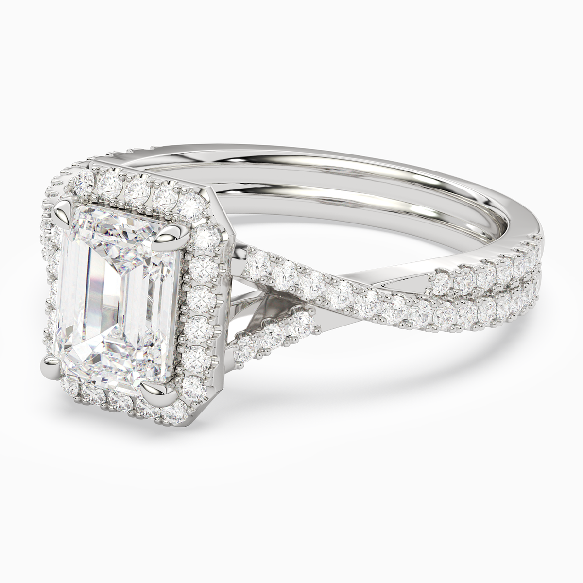 Emerald Twisted Shank Halo in 14K White Gold top angle