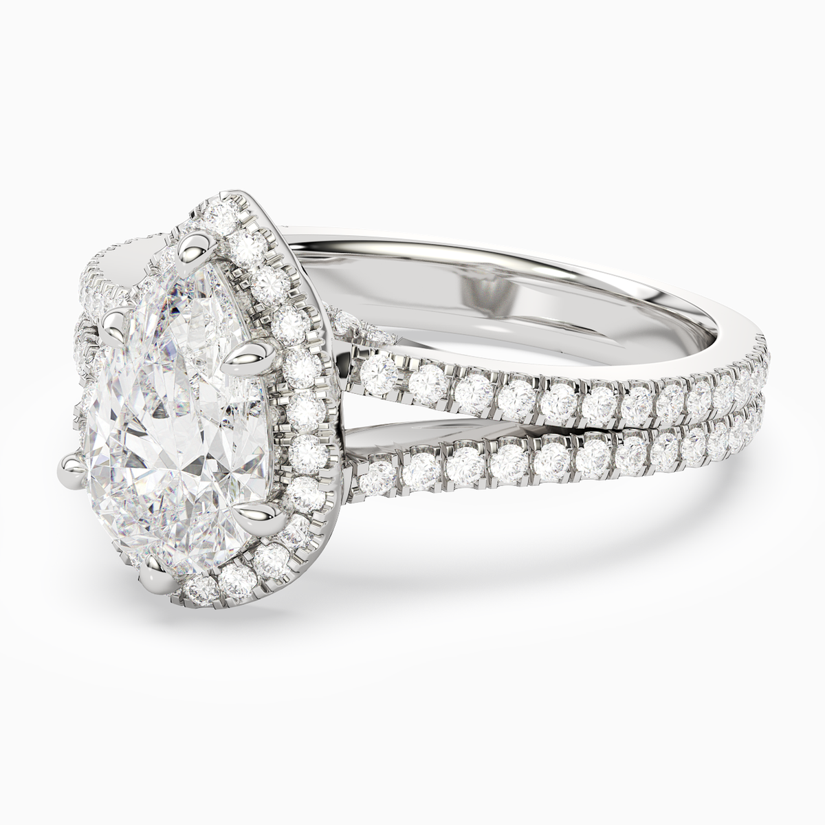 Pear Split Shank Halo in 18K White Gold top angle