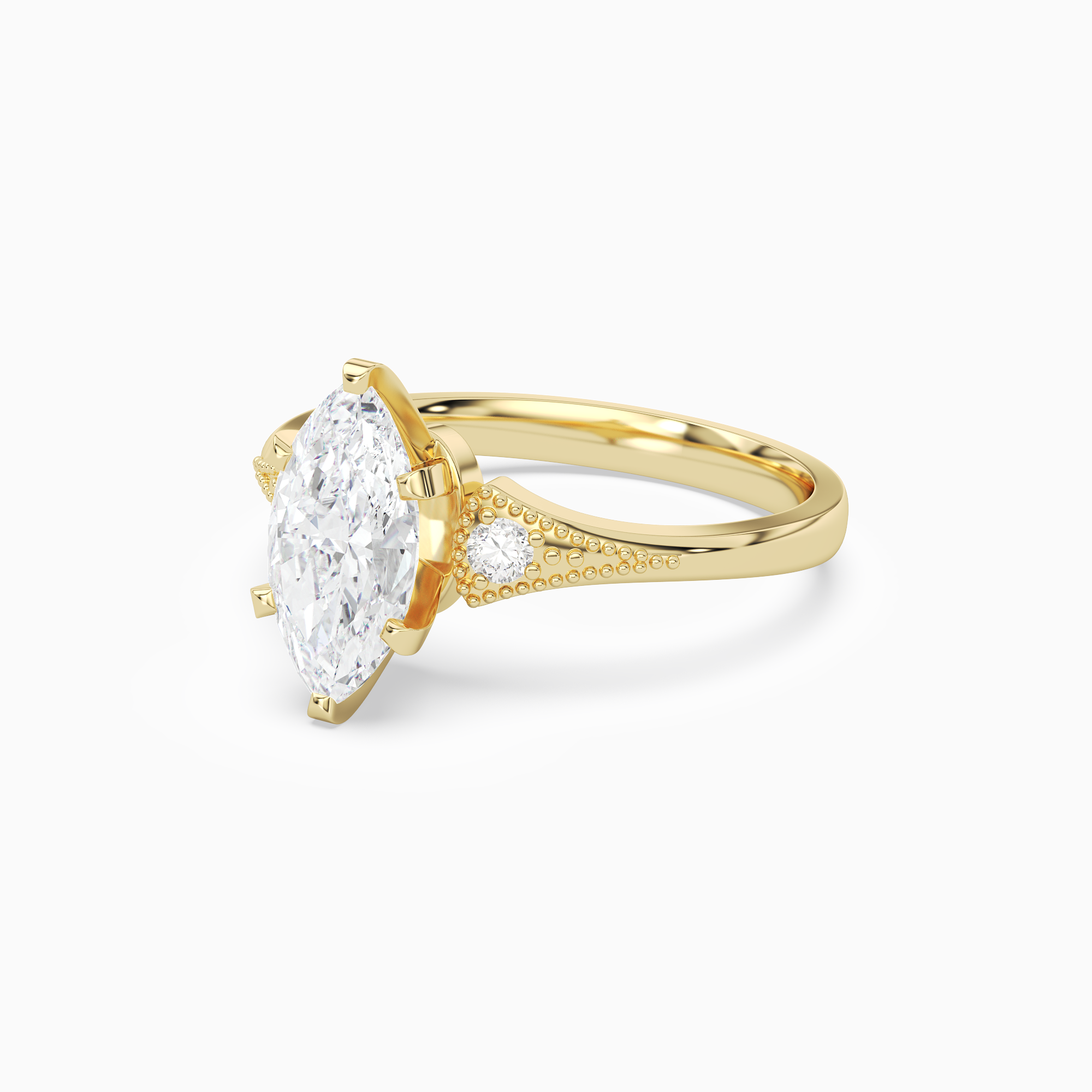 Marquise Milgrain Shoulder Side Stone Ring in 18K Yellow Gold top angle