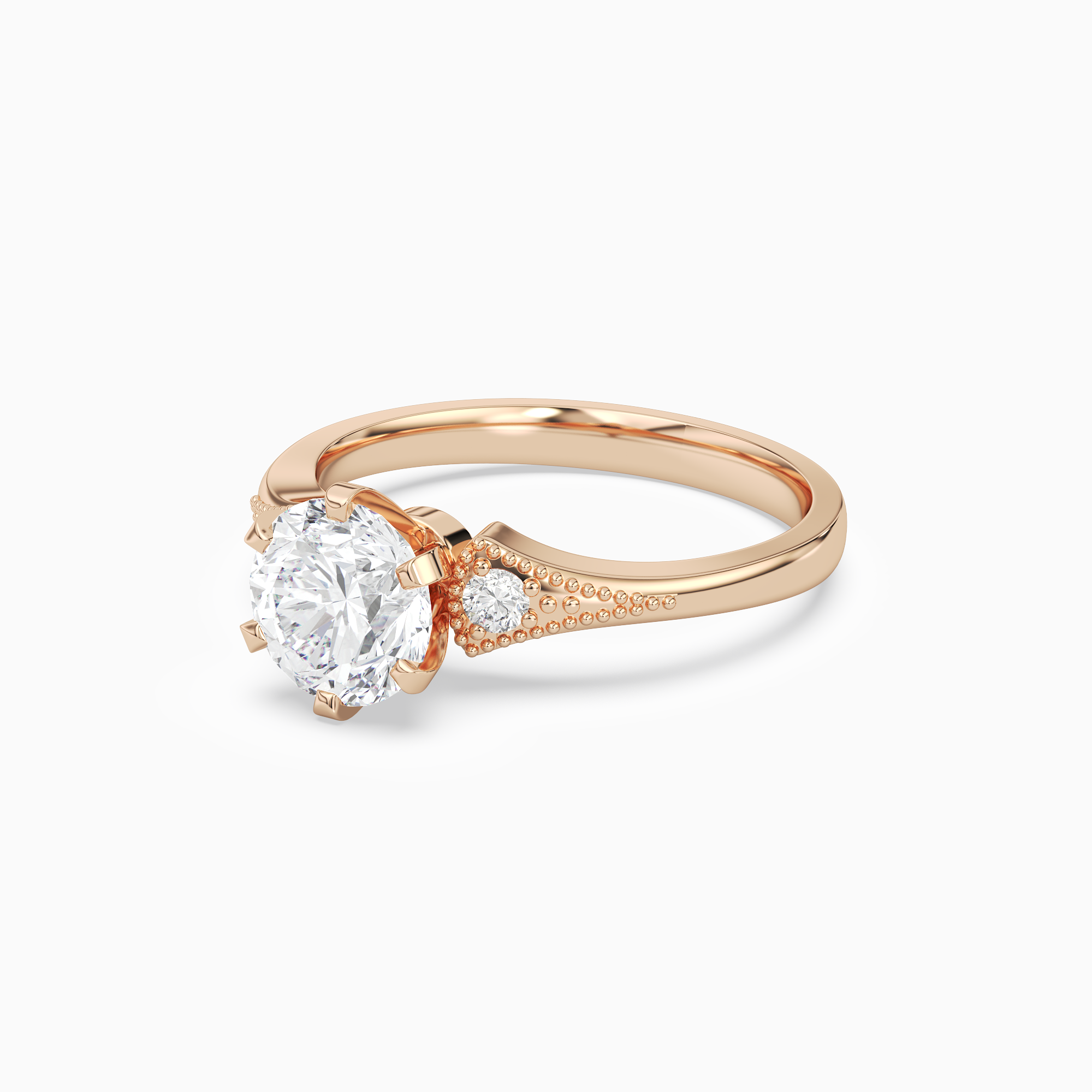 Round Milgrain Shoulder Side Stone Ring in 14K Rose Gold top angle