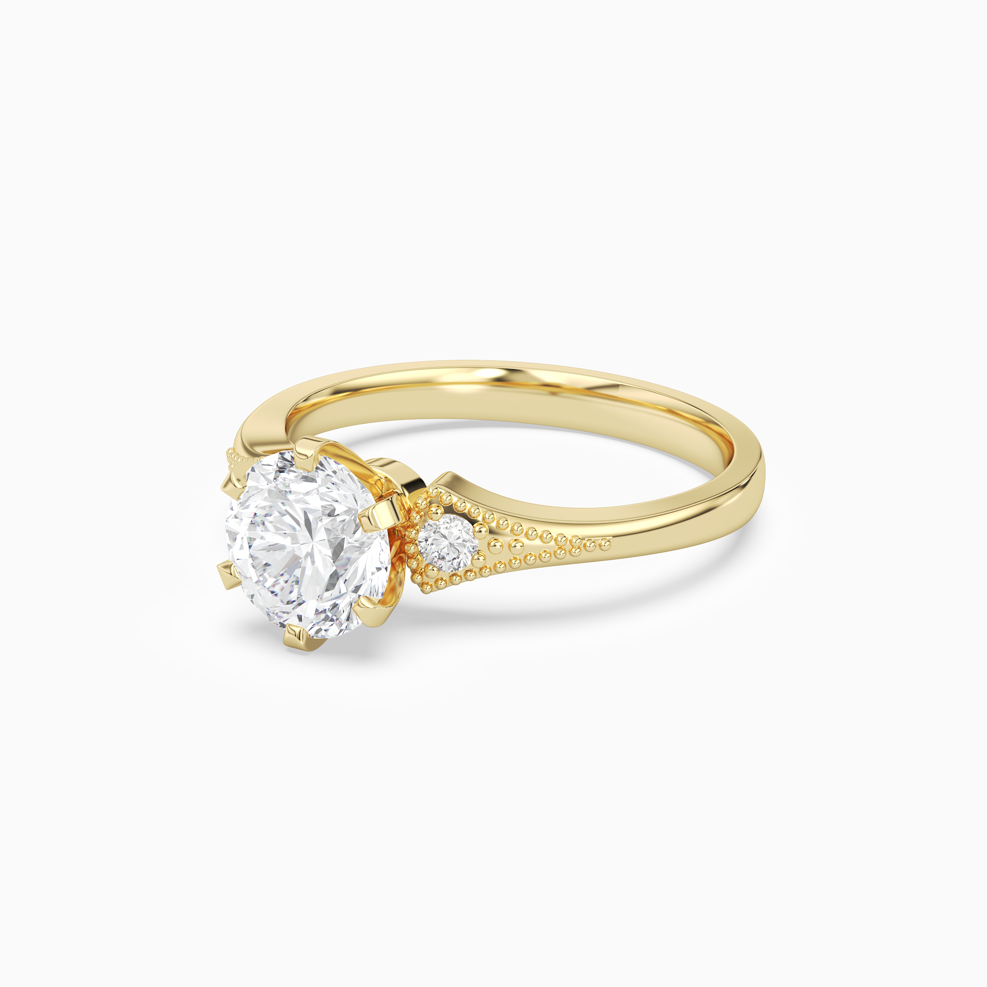 Round Milgrain Shoulder Side Stone Ring in 18K Yellow Gold top angle