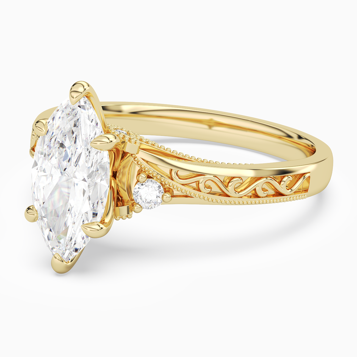 Marquise Engraved Vintage Side Stone Ring in 14K Yellow Gold top angle