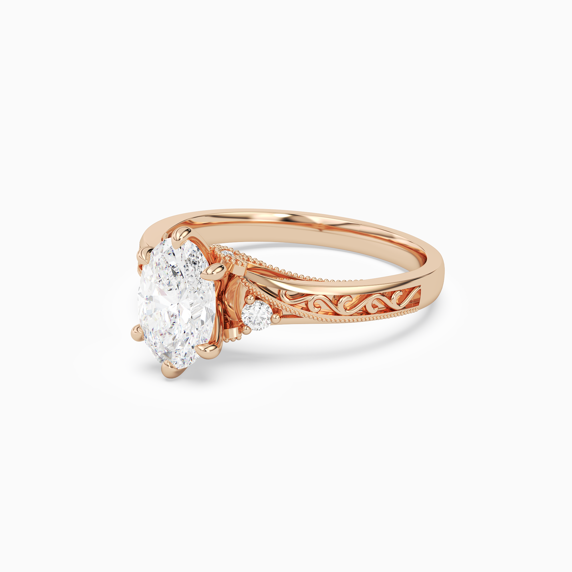 Oval Engraved Vintage Side Stone Ring in 14K Rose Gold top angle