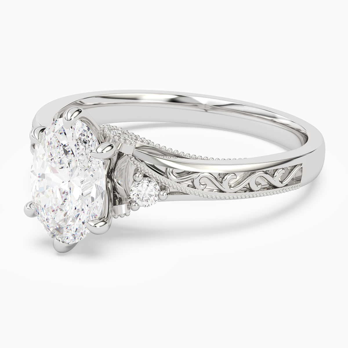 Oval Engraved Vintage Side Stone Ring in 14K White Gold top angle