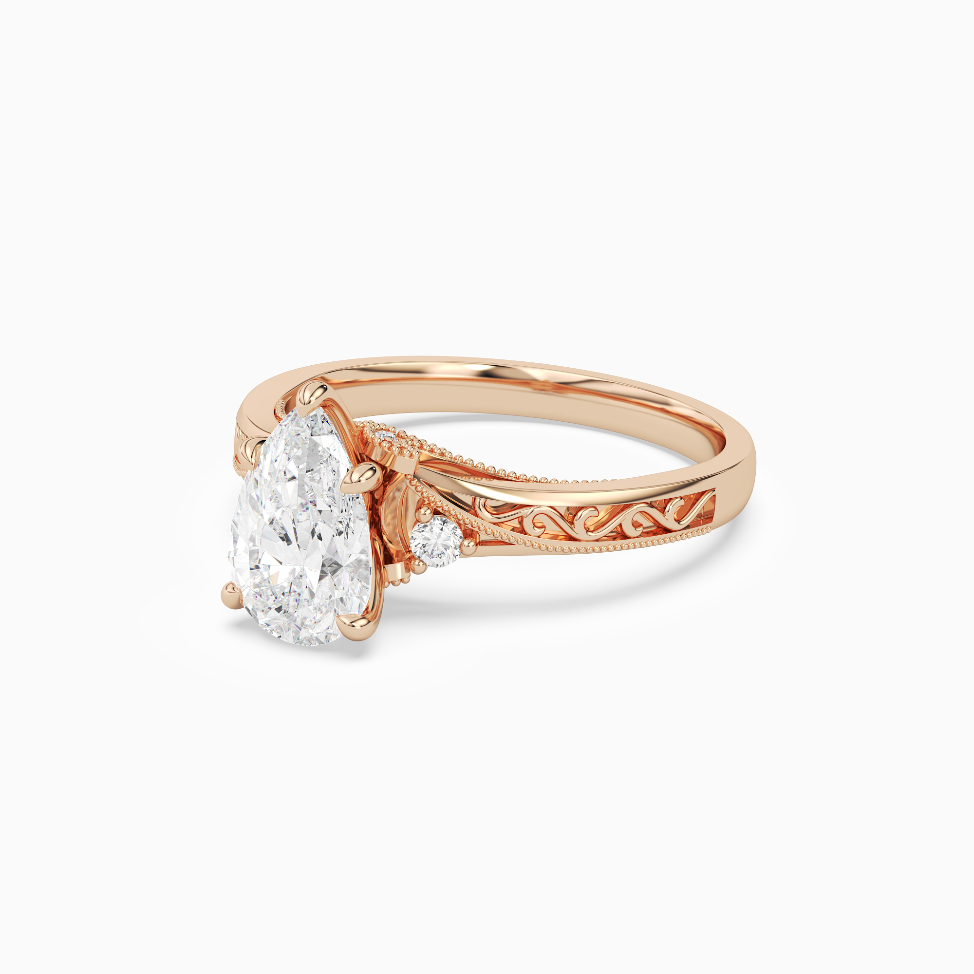 Pear Engraved Vintage Side Stone Ring in 14K Rose Gold top angle