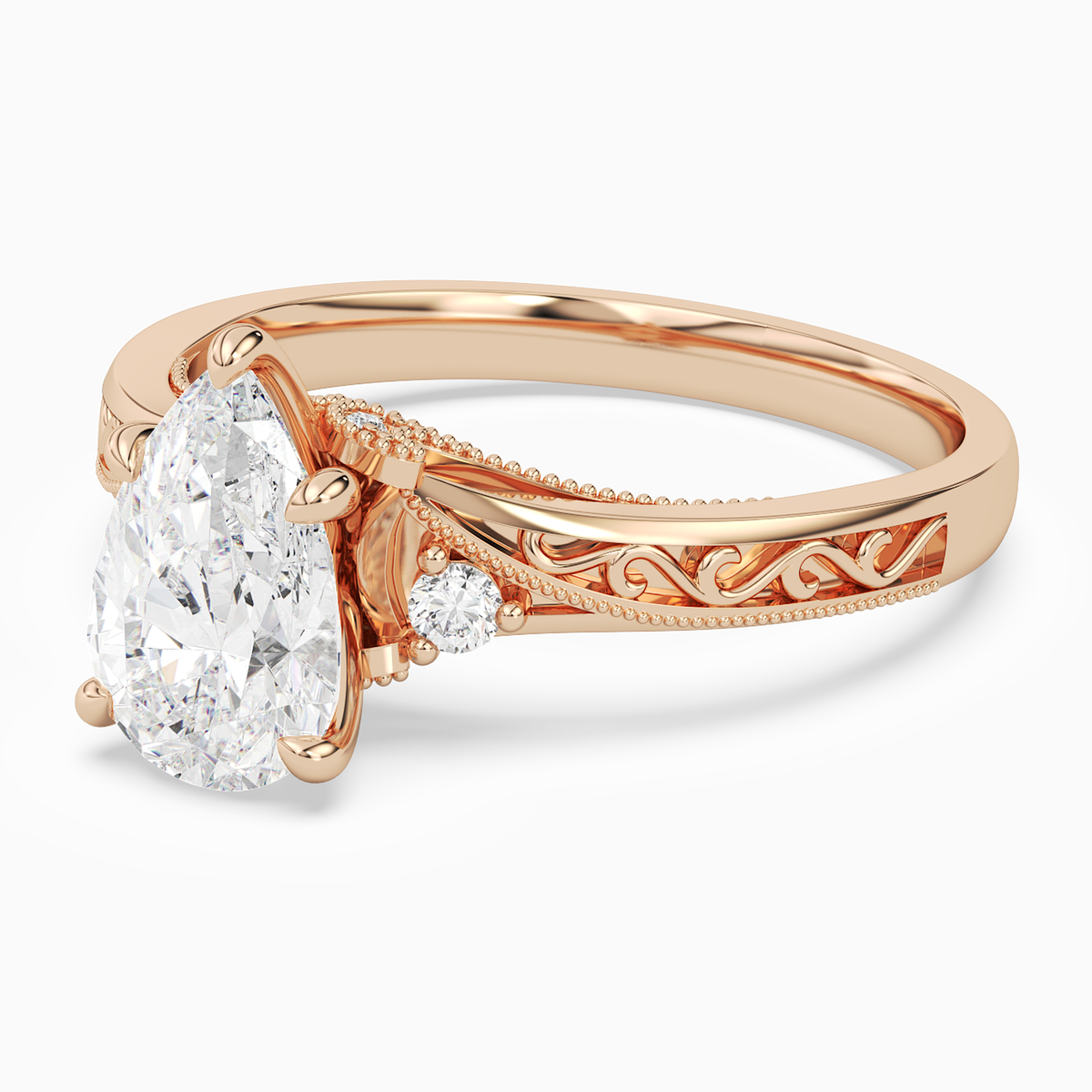 Pear Engraved Vintage Side Stone Ring in 14K Rose Gold top angle