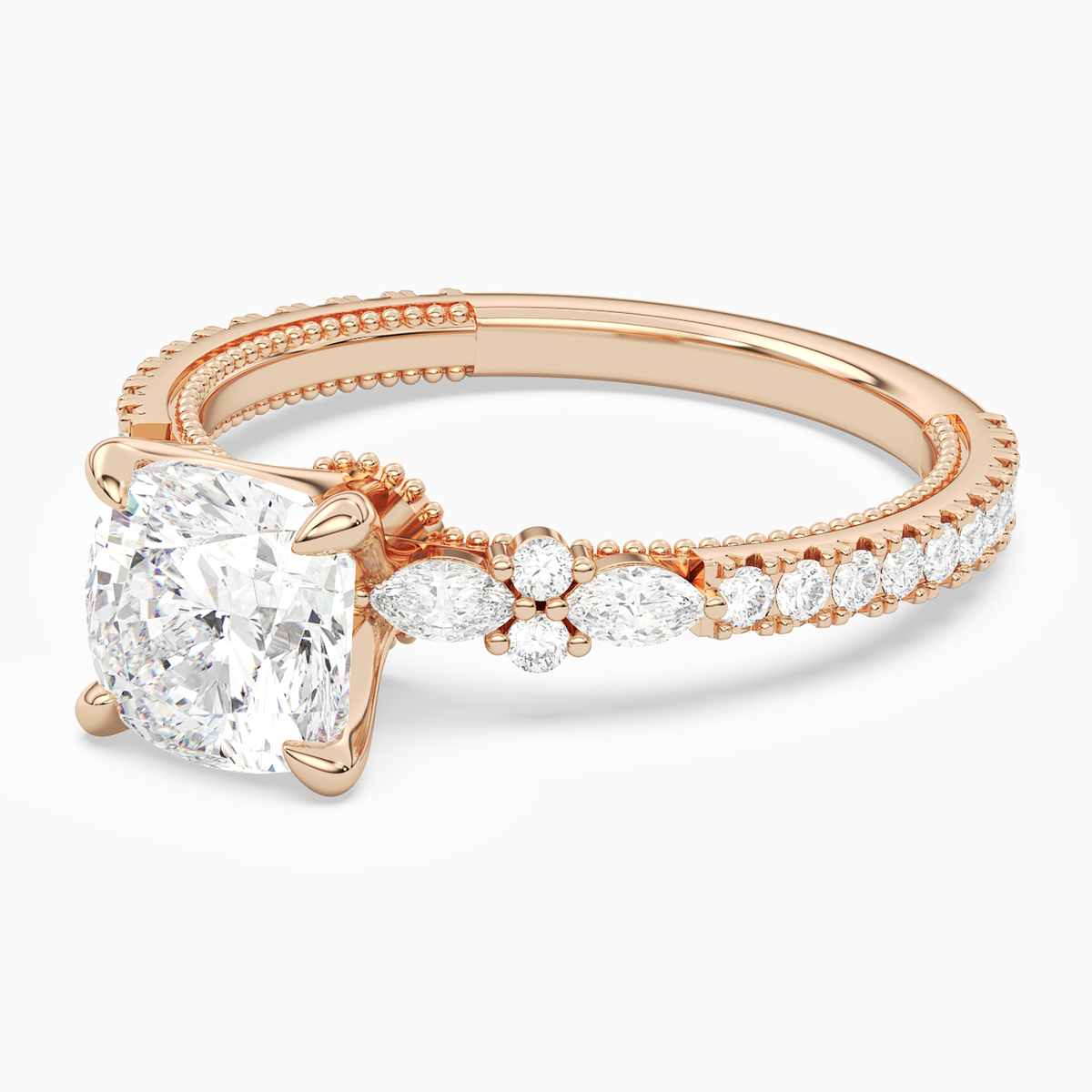 Cushion Celestia Side Stone in 14K Rose Gold top angle