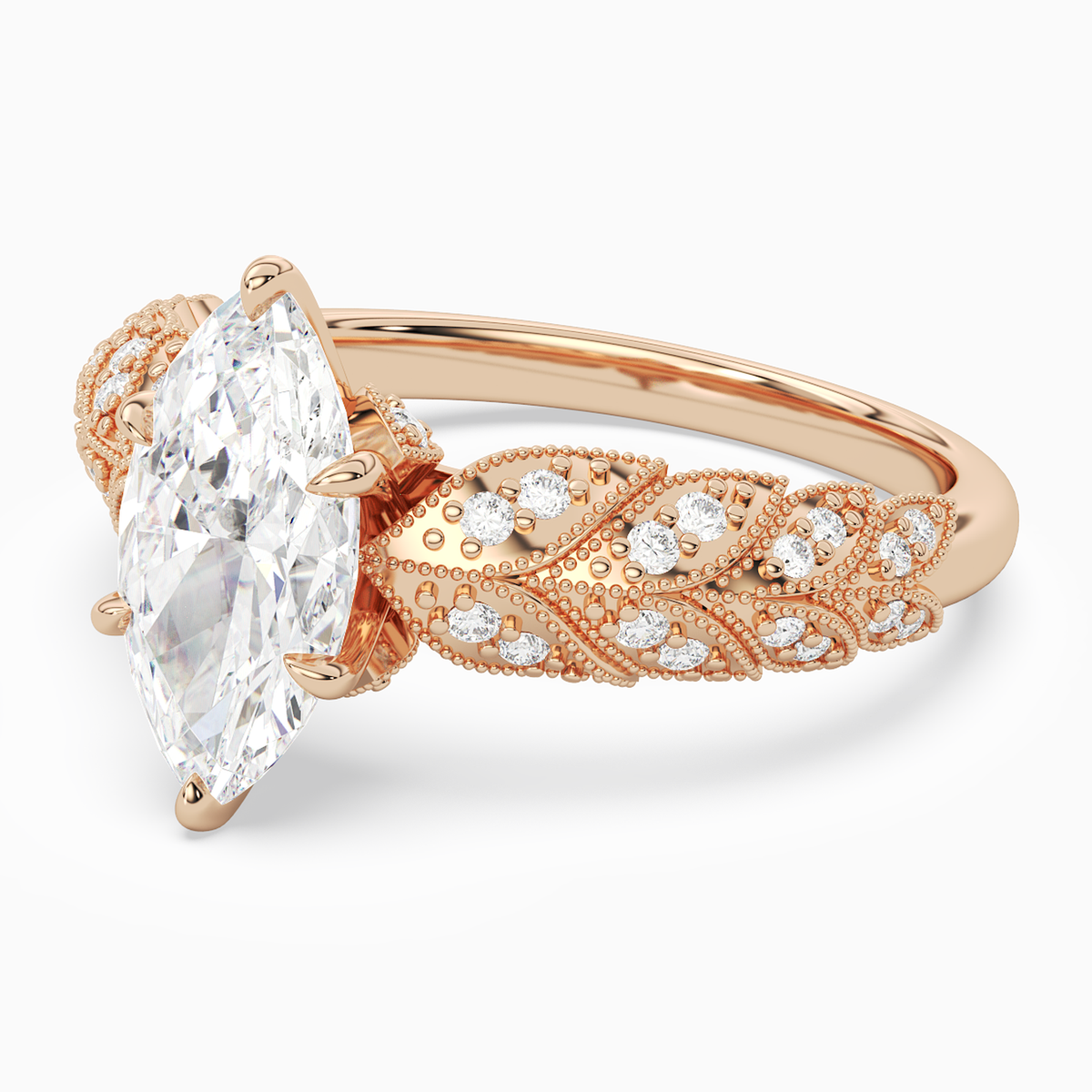 Marquise Laurel Nature Side Stone in 14K Rose Gold top angle