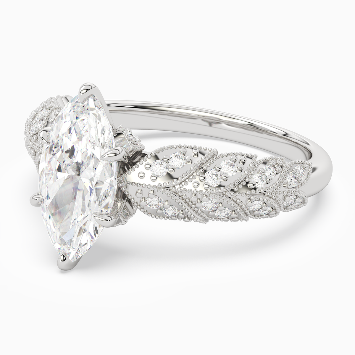 Marquise Laurel Nature Side Stone in 14K White Gold top angle