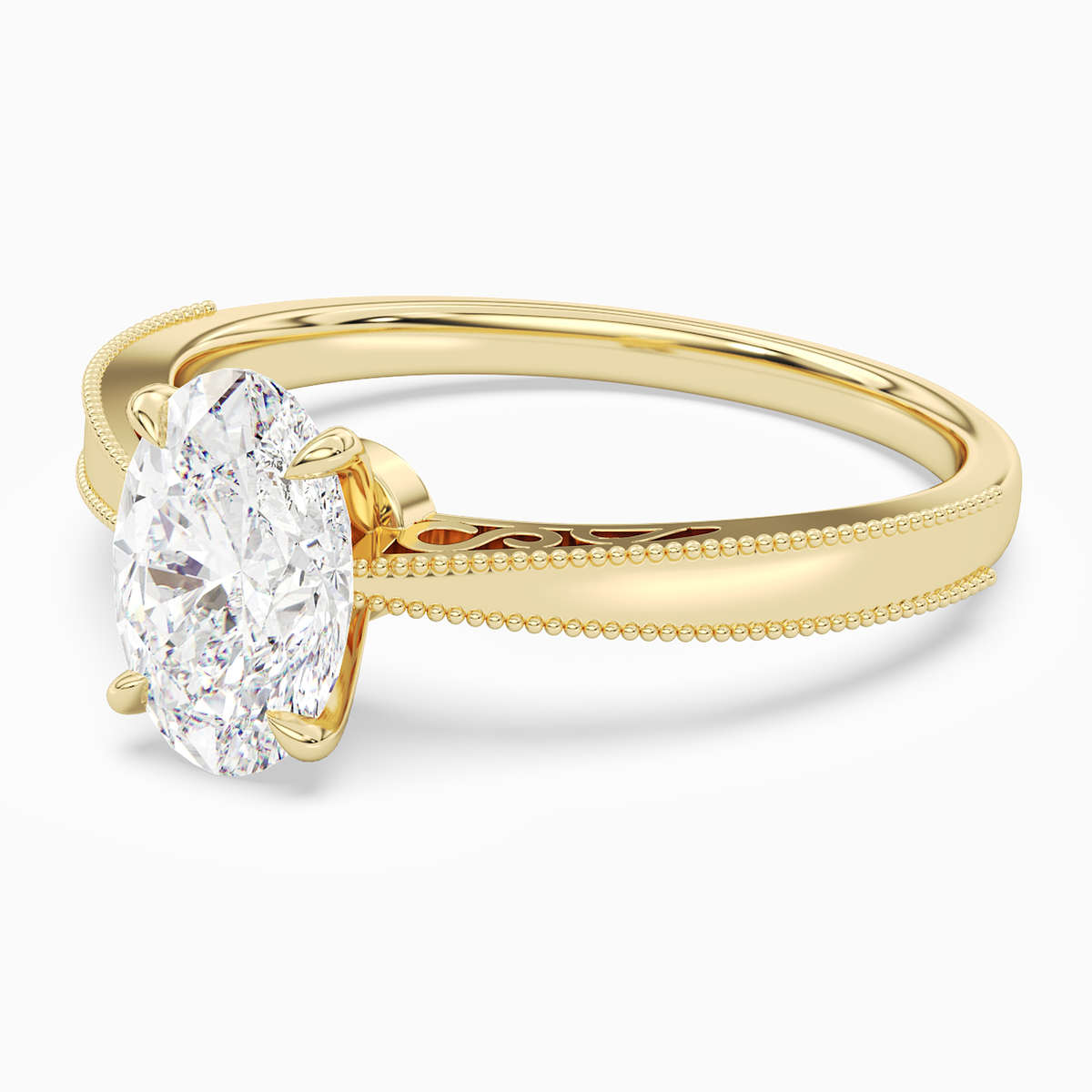 Oval Milgrain Edge Solitaire in 18K Yellow Gold top angle