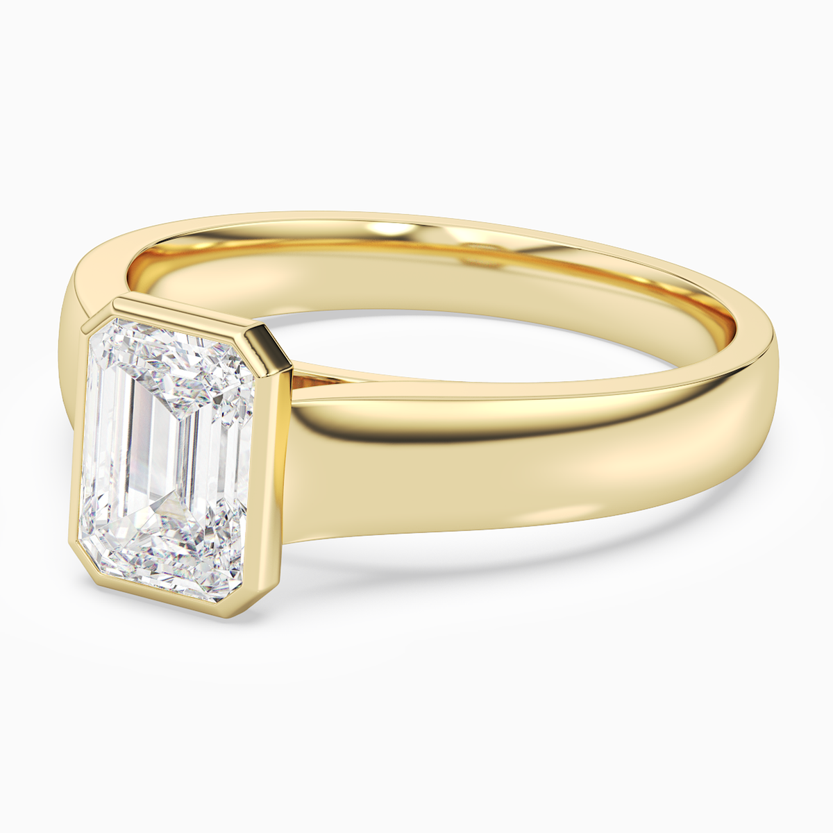 Emerald Wide Tapered Bezel Solitaire in 14K Yellow Gold top angle