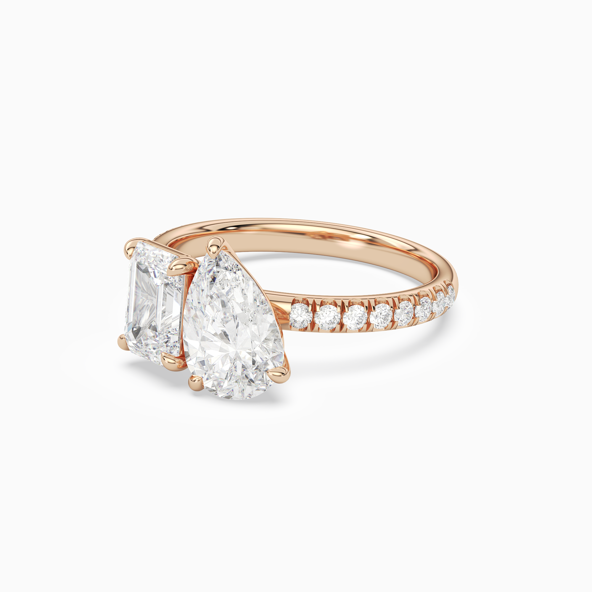 Emerald & Pear Accented Toi Et Moi in 14K Rose Gold top angle