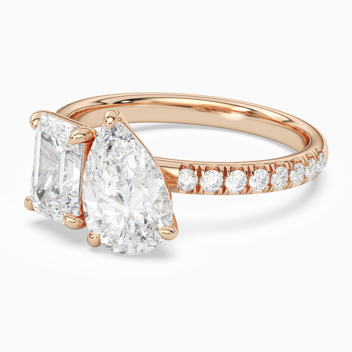 Emerald & Pear Accented Toi Et Moi in 14K Rose Gold top angle