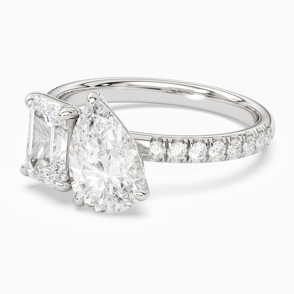 Emerald & Pear Accented Toi Et Moi in 18K White Gold top angle