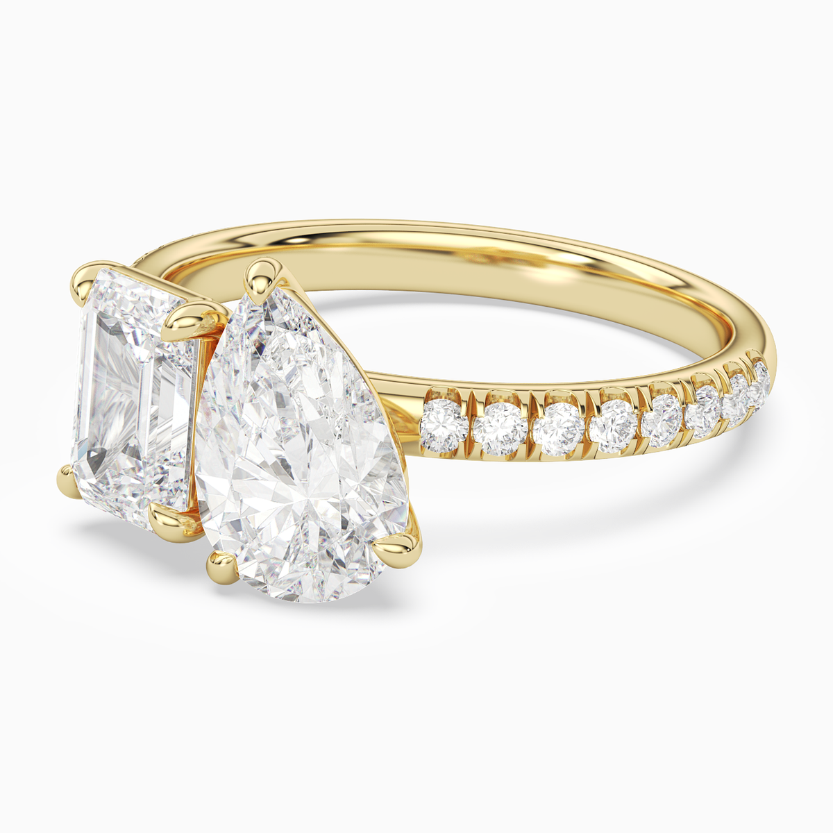 Emerald & Pear Accented Toi Et Moi in 18K Yellow Gold top angle