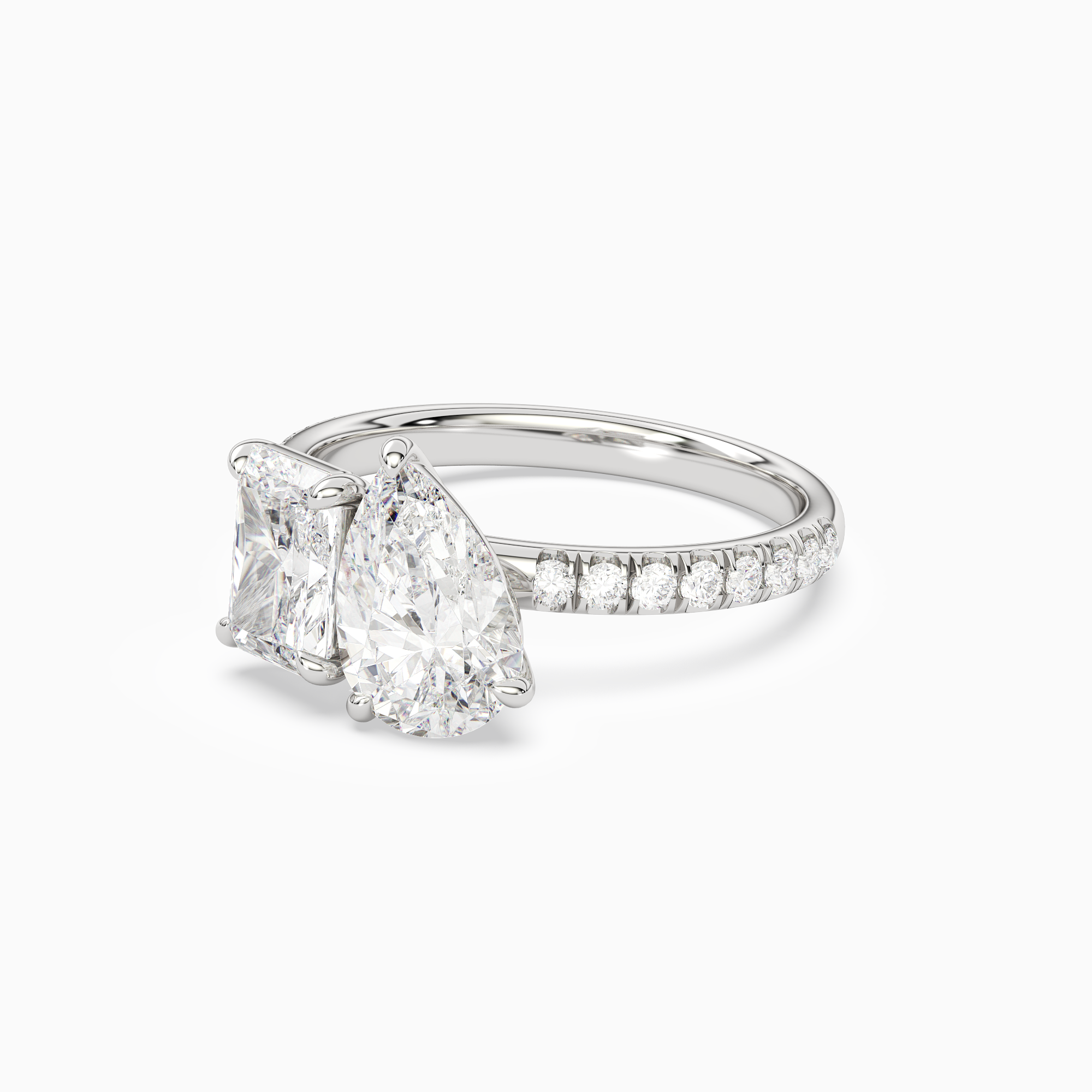 Radiant & Pear Accented Toi Et Moi in 18K White Gold top angle