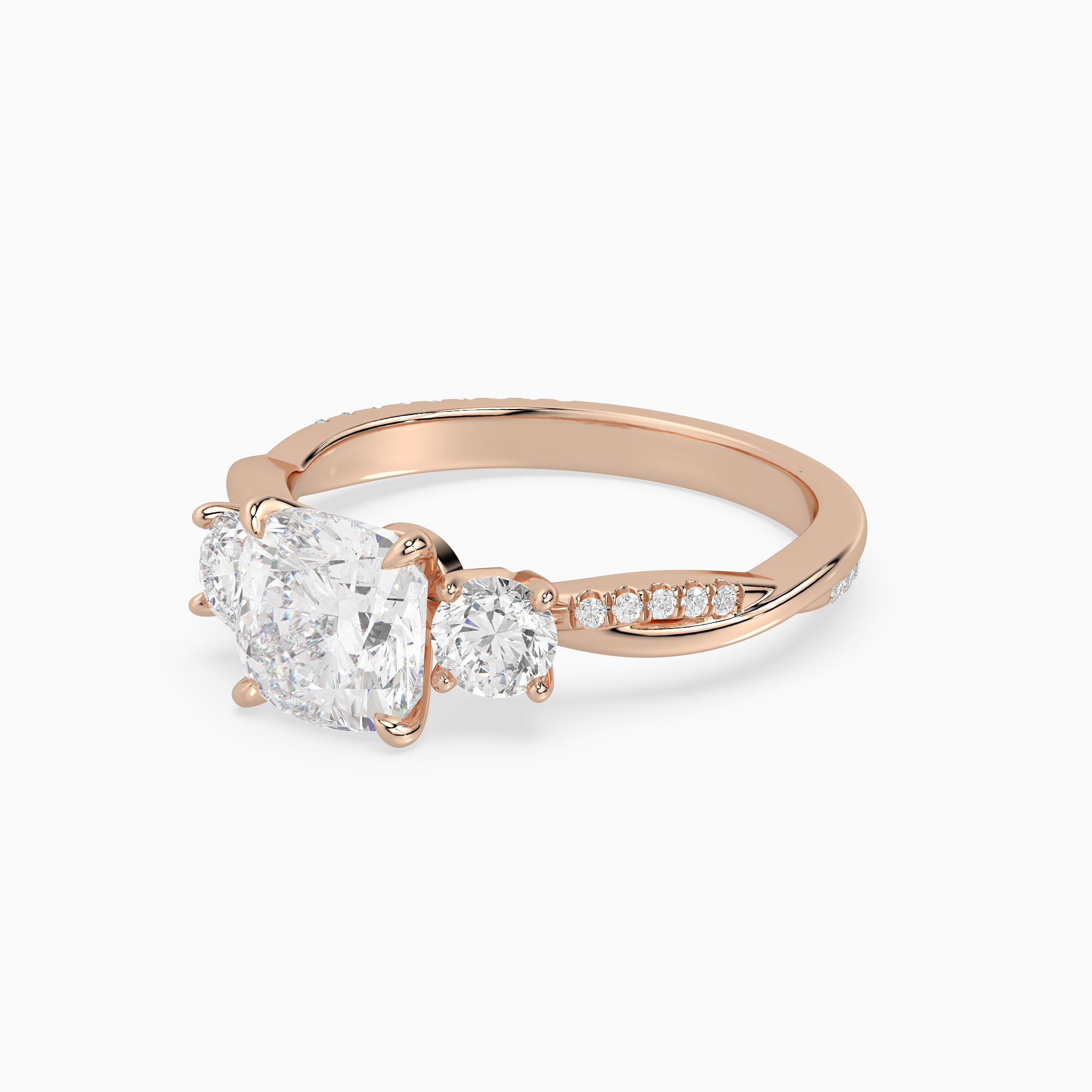 Cushion Twisted Vine Three Stone in 14K Rose Gold top angle