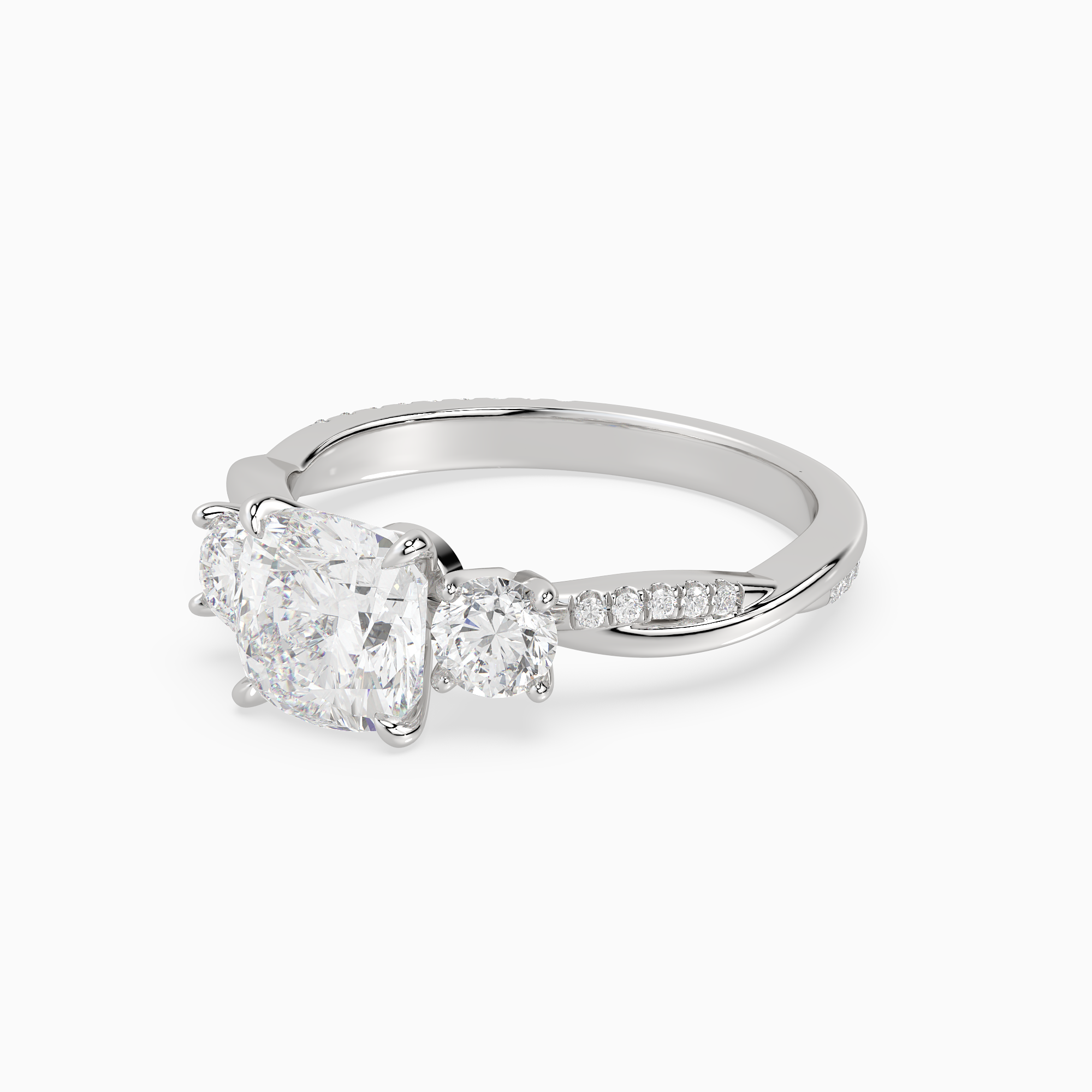 Cushion Twisted Vine Three Stone in 14K White Gold top angle