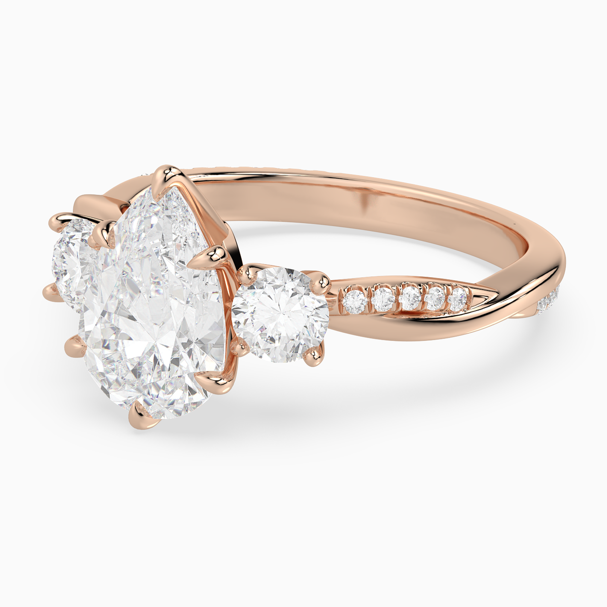 Pear Twisted Vine Three Stone in 14K Rose Gold top angle