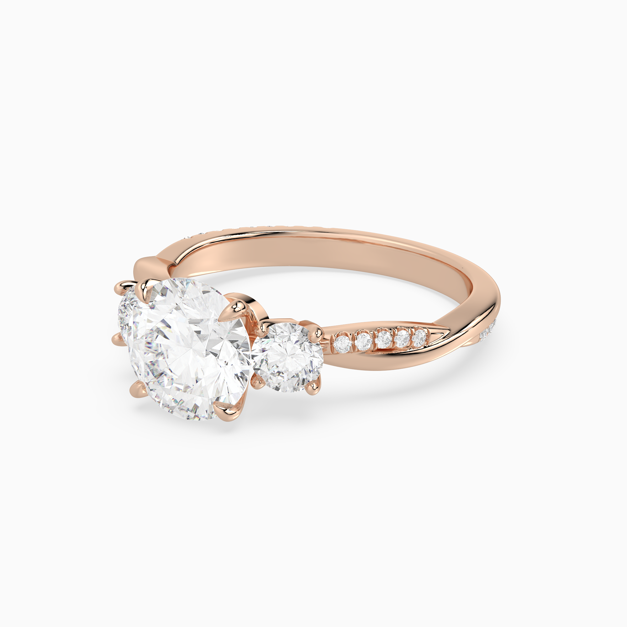 Round Twisted Vine Three Stone in 14K Rose Gold top angle