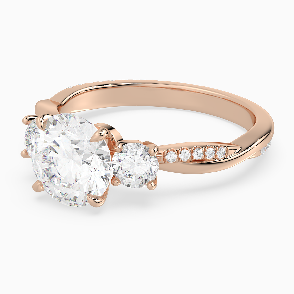 Round Twisted Vine Three Stone in 14K Rose Gold top angle