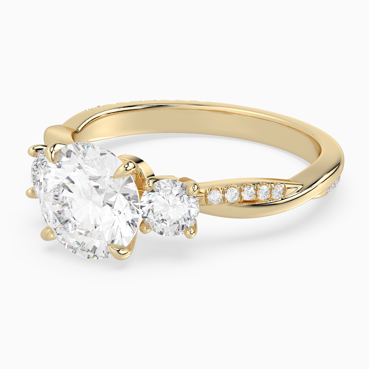 Round Twisted Vine Three Stone in 14K Yellow Gold top angle