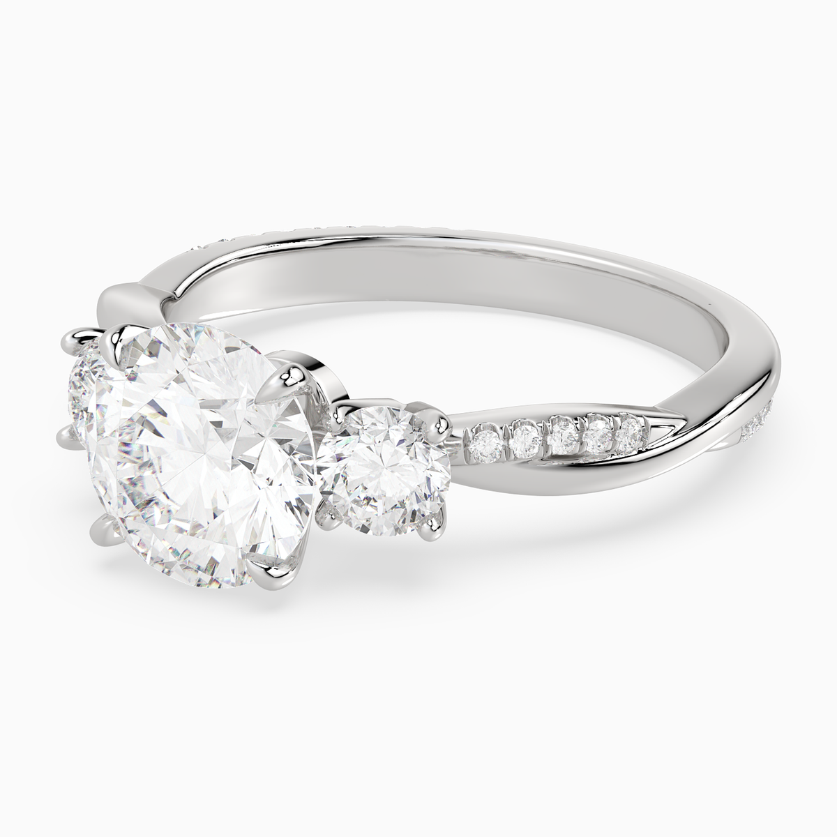 Round Twisted Vine Three Stone in 18K White Gold top angle