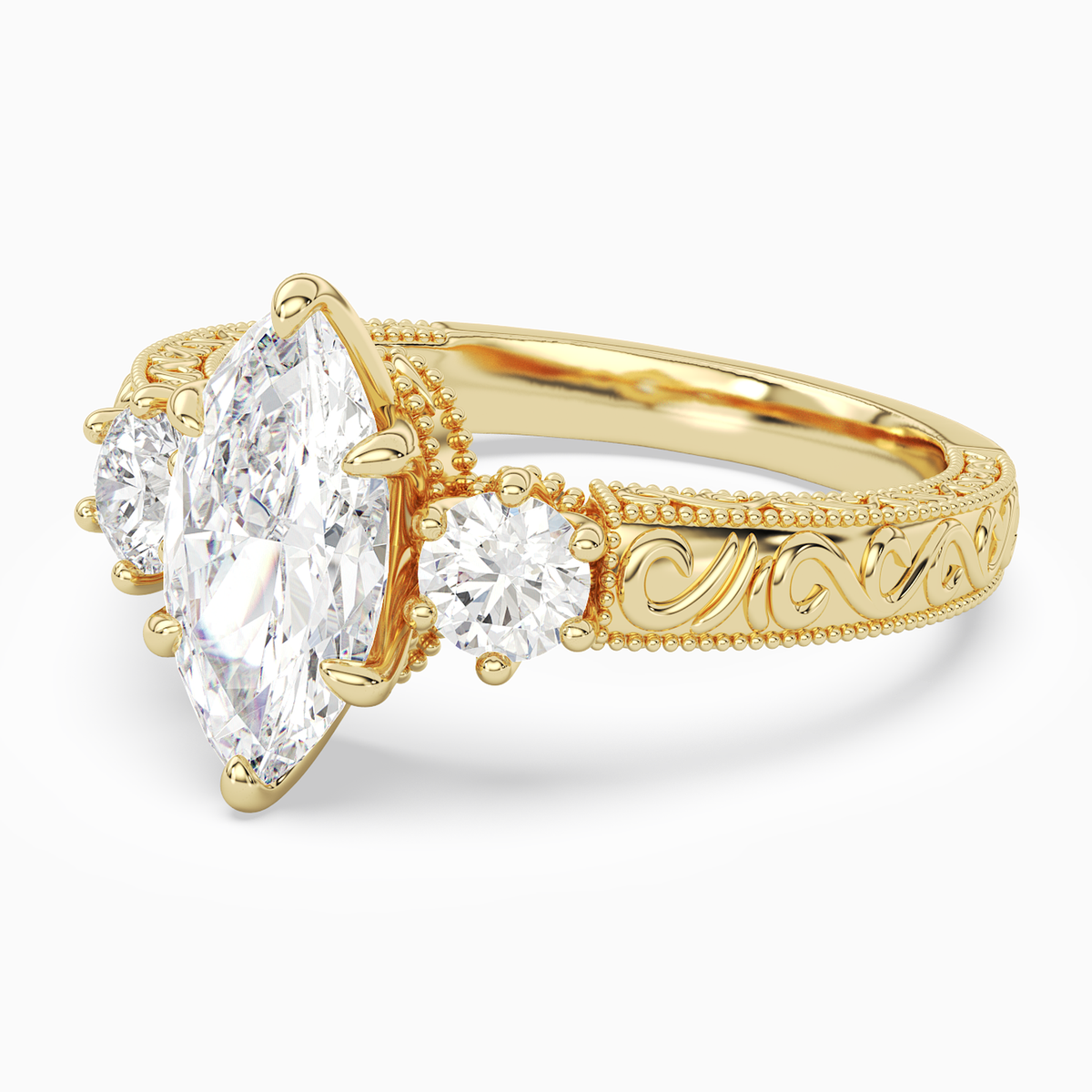 Marquise Engraved Vintage Three Stone in 14K Yellow Gold top angle