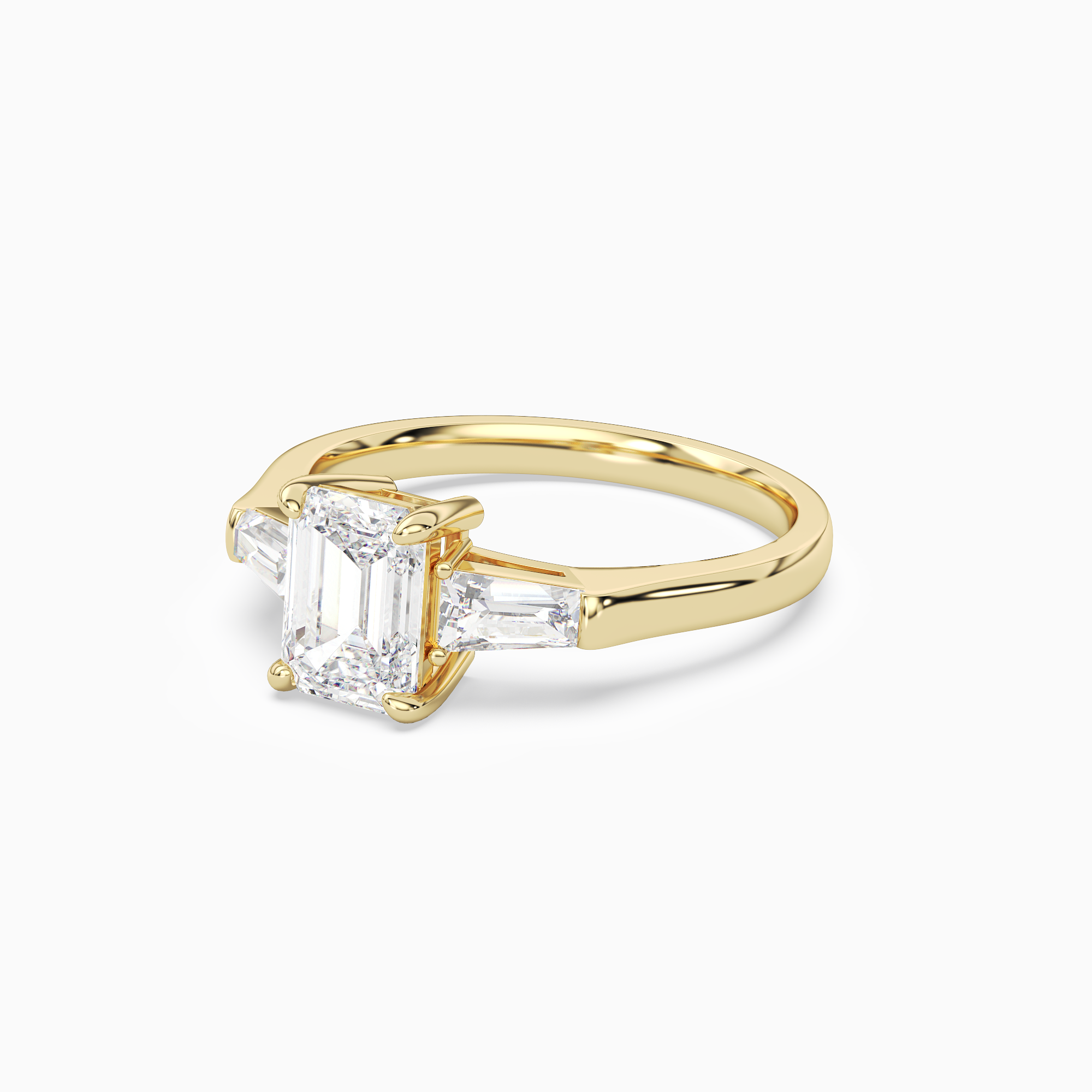 Emerald Baguette Three Stone Large Sides in 18K Yellow Gold top angle