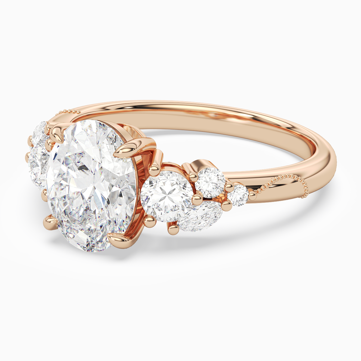 Oval Composite Three Stone Ring in 14K Rose Gold top angle