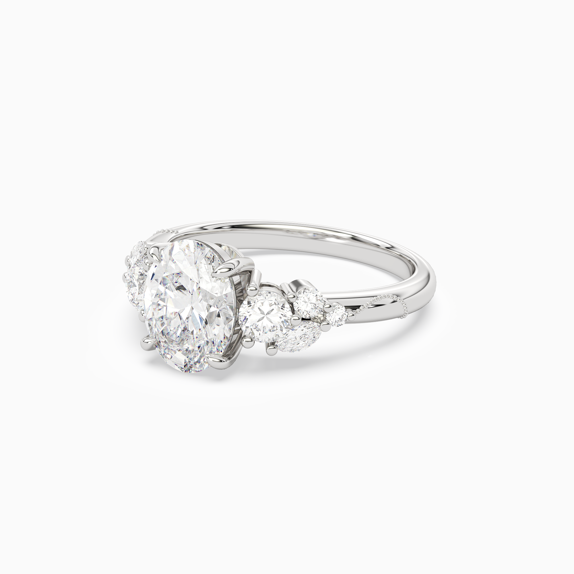 Oval Composite Three Stone Ring in 18K White Gold top angle