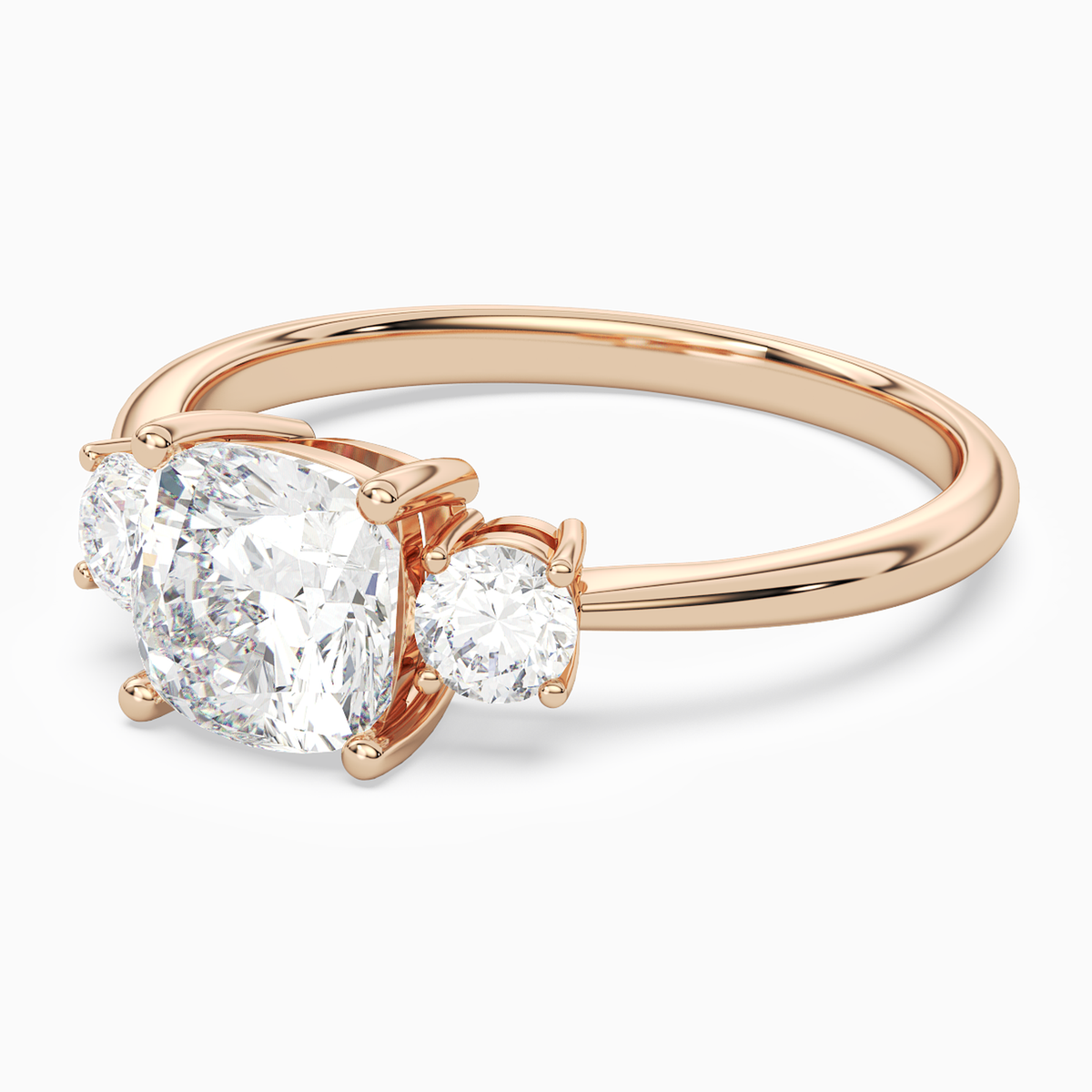 Cushion Classic Round Three Stone Large Sides in 14K Rose Gold top angle