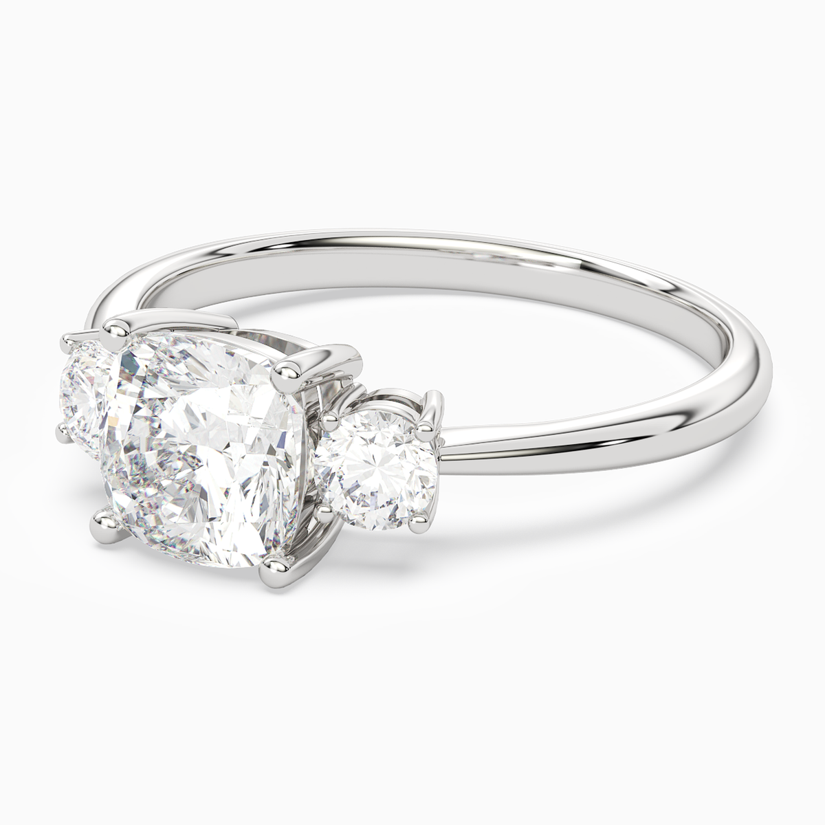Cushion Classic Round Three Stone Large Sides in Platinum top angle