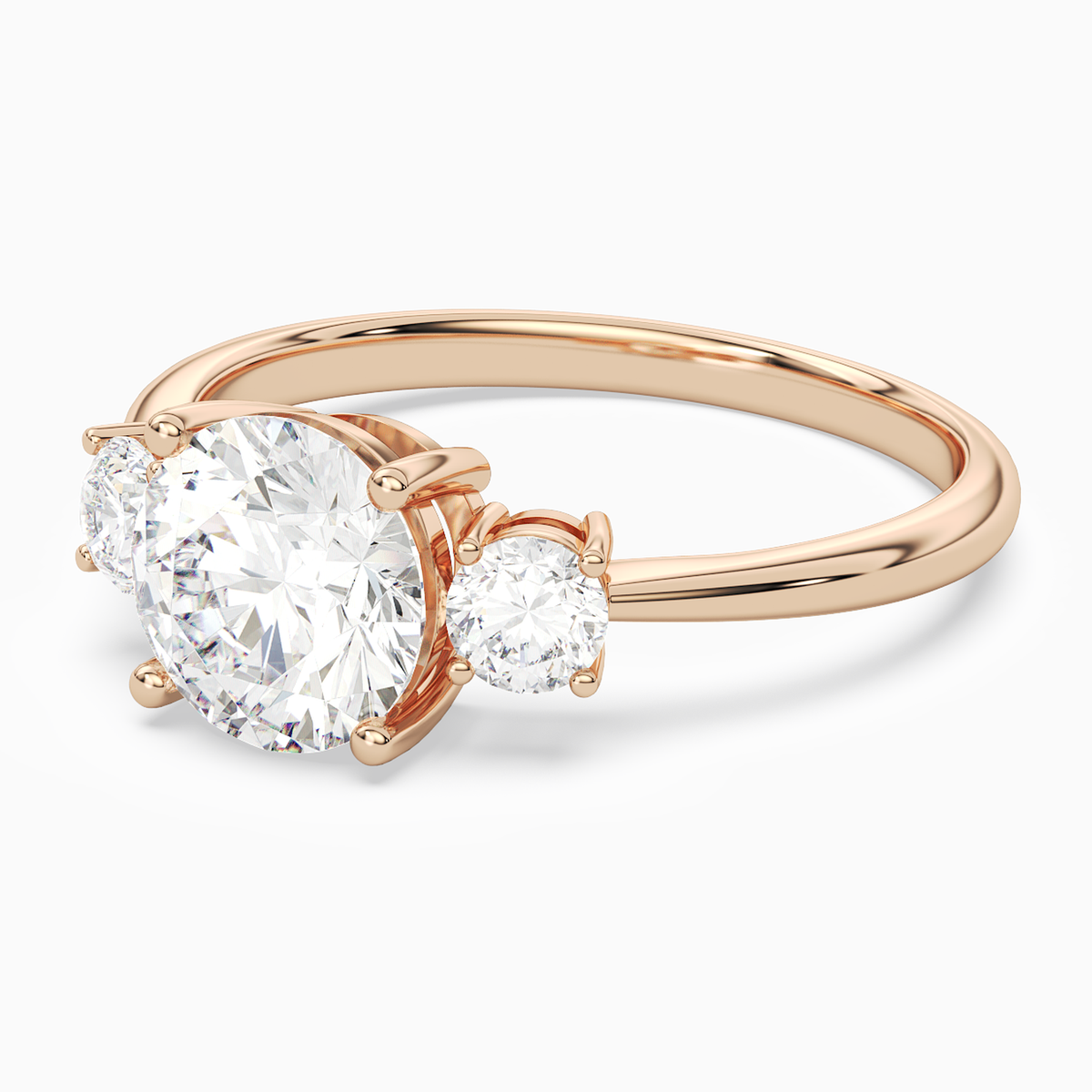 Round Classic Round Three Stone Large Sides in 14K Rose Gold top angle