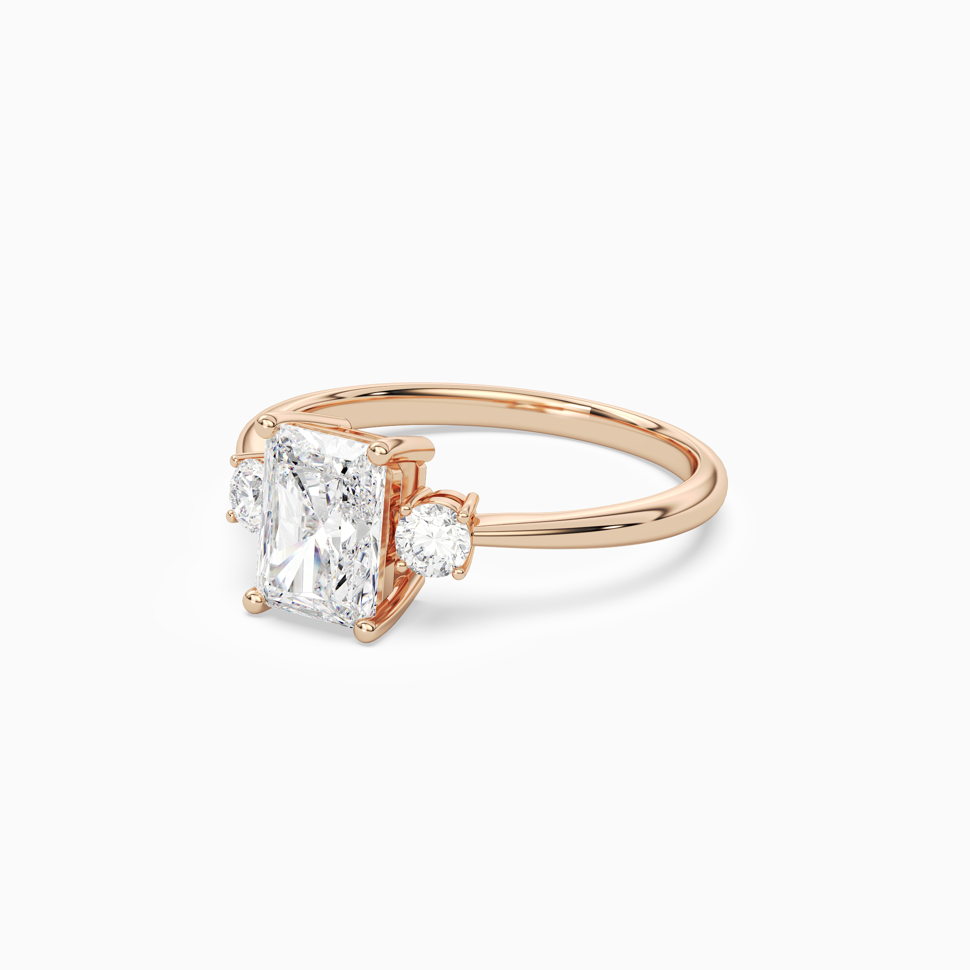 Radiant Classic Round Three Stone Small Sides in 14K Rose Gold top angle